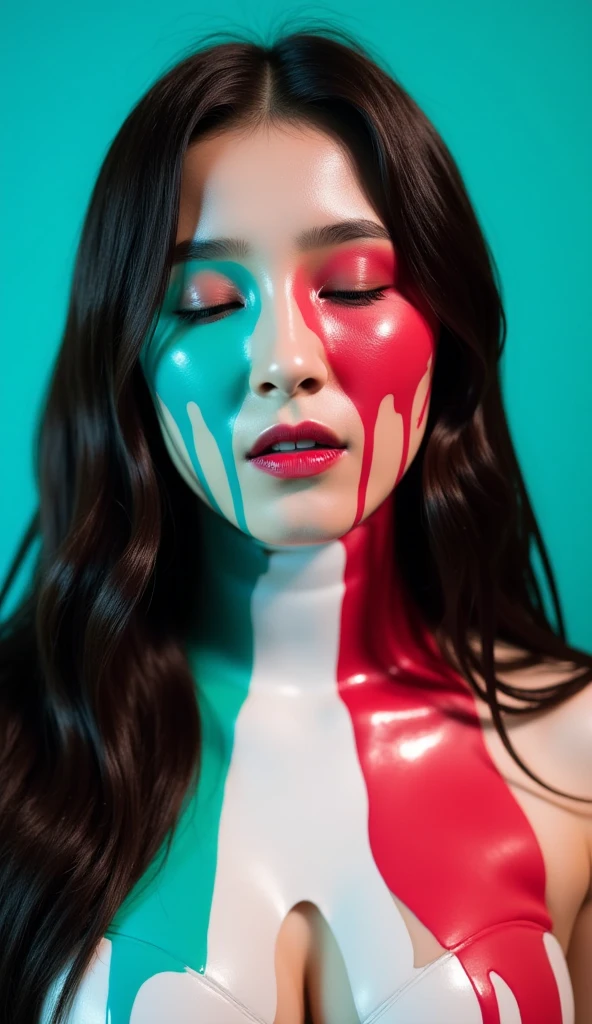 A close-up of a woman's face, with her eyes closed and lips slightly parted as if she is enjoying the sensation of vibrant (((green, white and red))) paint being smeared on her face. The background is dark concrete, enhancing the colors of the paint splatters that are strewn across her cheeks and neck. (dripping paint:1.7), paint on face, head backwards, paint on hair, long straight dark-brown hair,