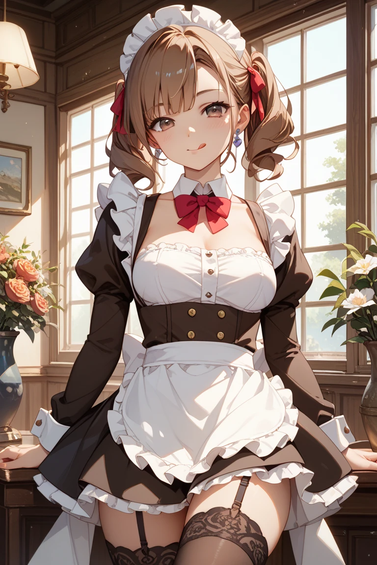 ((((masterpiece, Highest quality, High resolution)))), Extremely detailed 8K, Beautiful girl with a voluptuous body, (Ultra HD, Super detailed, Very detailed, Very realistic, Ultra-realistic, Photo Real), (One girl:1.5), (Realistic white hair), (Short Wavy Hair, hair ornaments, Earrings), (Dynamic pose), To the camera, View your viewers, (blush, Embarrassing, smile), (Purple eyes, Sharp eyes), (Firm breasts:1.2), (Beautifully detailed face, Beautiful attention to detail), ((Maid clothes, Maid Apron, Cat Ear Headband)), (detailed pussy),  Sweat, shine, (Sunbeam, sunlight),  coffee shop, ((Highest quality、High resolution))、Portraiture、Perfect body、Beautiful and bountiful breasts、Sexually excited expression、((throw、maid shows pussy))、Love Juice、I'm inviting you to have sex,(nsfw)