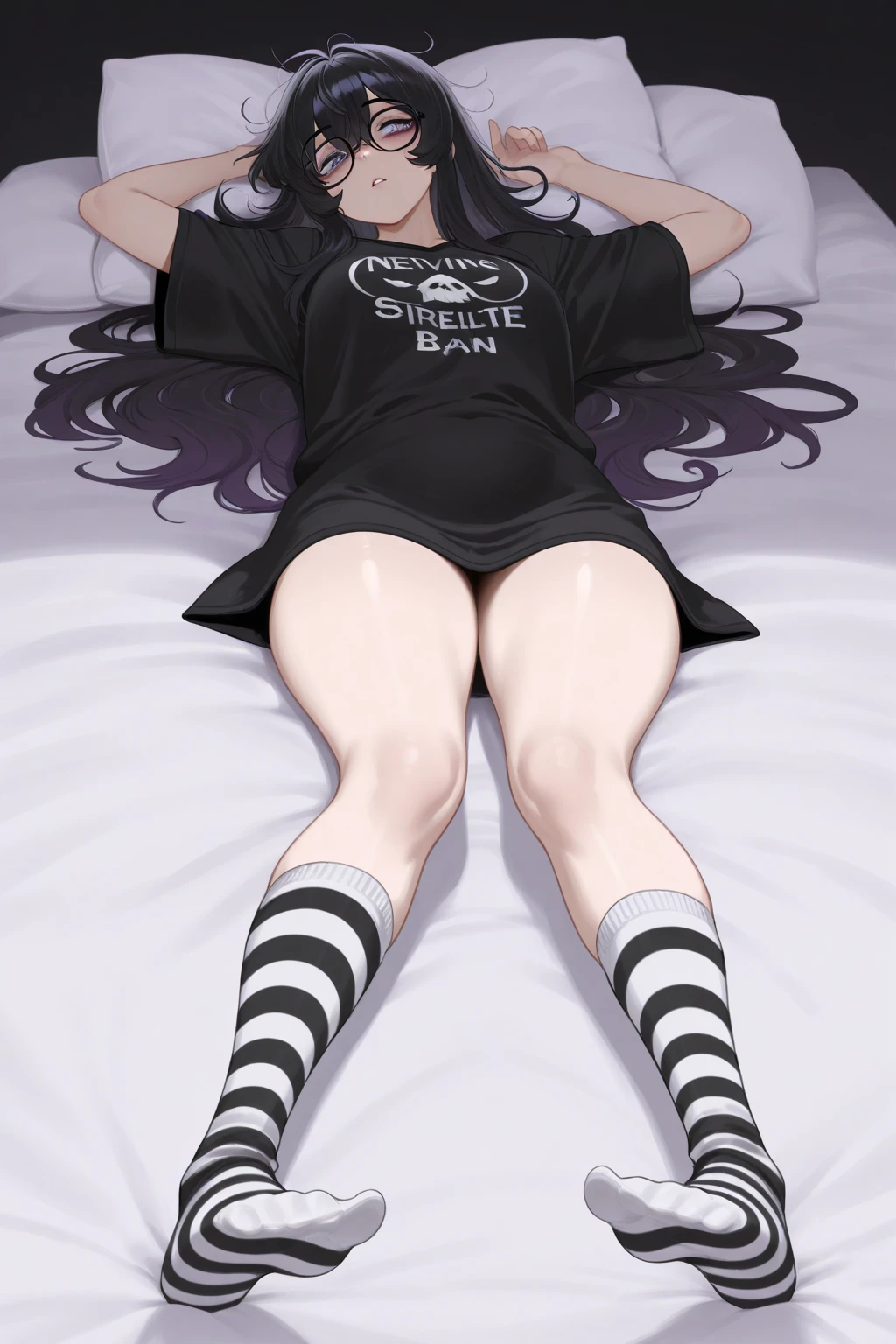 score_9, score_8_up, score_7_up, score_6_up, score_5_up, score_4_up, source_anime, 1 woman, bed, purple hair, sleep, long hair, close eyes, w-w-chain, shackles, spread arms, clean hair, black shirt, short, black boots, thigh high boots, heels, dungeon, night, best quality, best res, 4K UHD,
 
