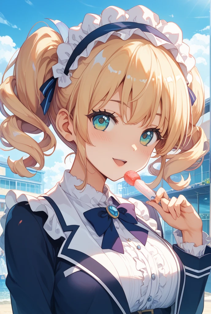 Eat pink soft serve ice cream (Navy blue original uniform), (Little Girl:1.5), (blonde:1.5)(eyelash:1.2) (Short Bob Hair:1.4), (Blue eyes)(Big Breasts:1.3)