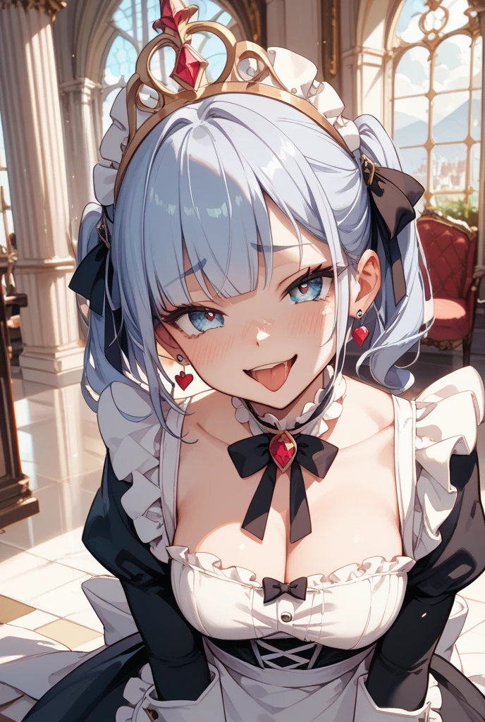 {Girl with shoulder-length black wavy hair named Rico}, maid costume,latex,tall,'', (It feels like saying Hello, daytime hours), indoor,{going out style}, ((Heart-shaped choker) ), (bedroom), Bright background, Mole under the eye, Heart-shaped choker, ((Masterpiece)), Highly detailed CG Unity 8k wallpaper), Top quality, One girl, Detailed background, beautifully detailed eyes, heart shaped pupils,hollow eyes, looking at viewer,(very delicate and beautiful)), ((beautiful) eyes (detailed description),extra large breasts,lace underware,floating heart,brainwashed, smile