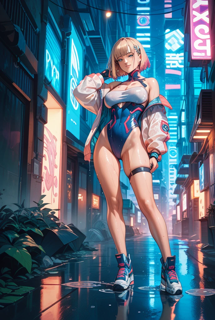woman,14 years old,,city,night,(((white and blue tight miniskirt bodysuit))),,open mouth smile((See-through))Glasses,((Beautiful long ponytail)),((baby girl body shape))((blonde))