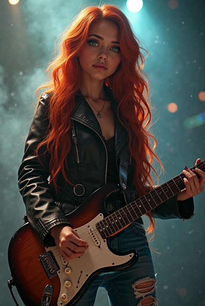 ultra realistic, photography, long red hair, girl, 24 years old, hourglass figure, perfect body, Flirty look, beautiful detailed woman, intricate and detailed face, long lush hair, soft lighting, photorealistic, high quality, cinematic, dramatic, warm color tones, natural breasts, facing the camera, blur background, on stage, rockband, playing electric guitar, ripped jeans, oversized t-shirt