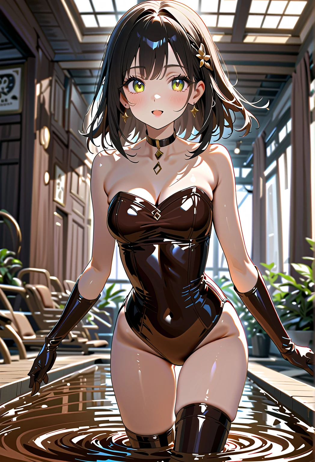 masterpiece, best quality, highres, bbyorf, short hair with long locks, white hairband, red eyes, gold earrings, ((large breasts)), jewelry, underwear, black pantyhose, outdoors, standing cowboy shot, smile