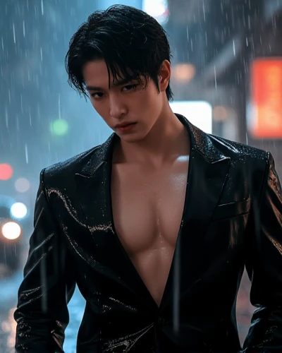 A sexy、wet from the rain、Chaunwoo、A dark-haired、Split abdominal muscles