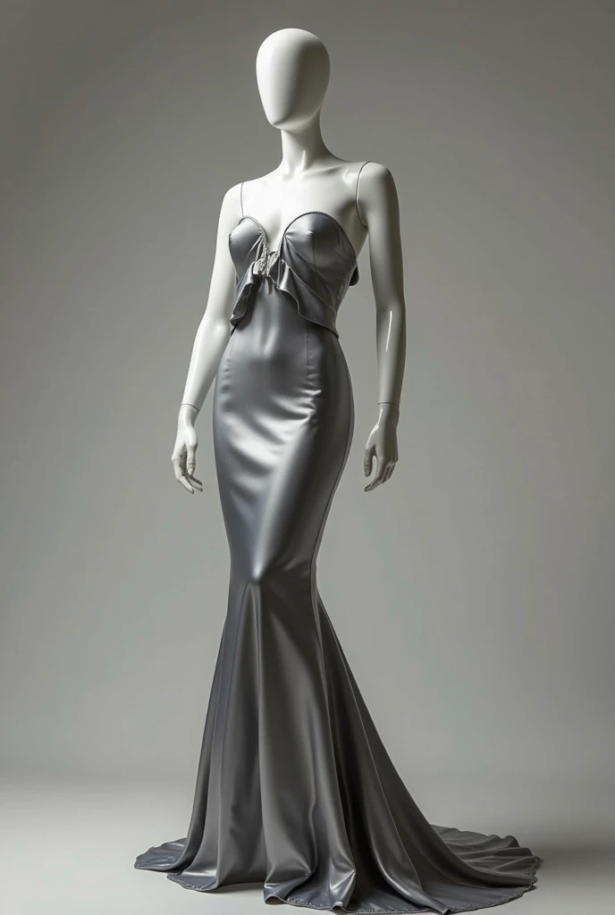 A mannequin wearing a navy blue and white dress with puffed sleeves, with deep V-neckline and skirt with leg opening