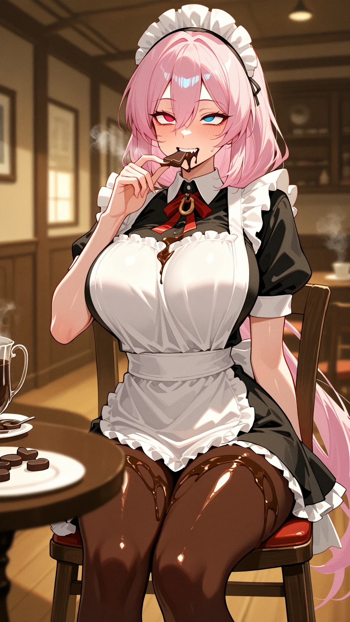 1girl, solo, nakano ichika, pink hair, short light pink hair, (naked:1.3), (white apron), large breasts, cleavage, thighs, cafe background, (blushing:1.3)