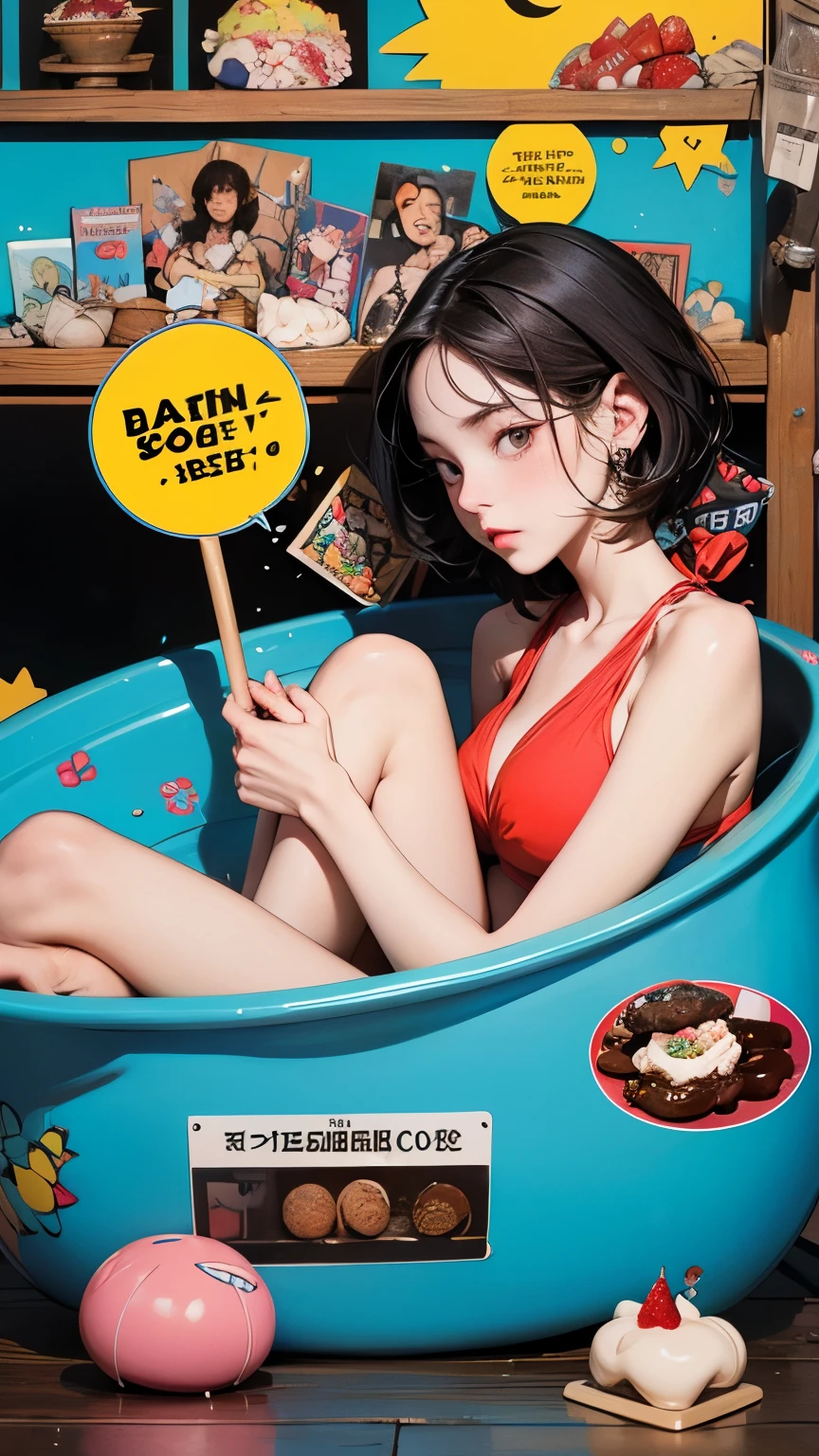 Trap Set in a Bucket with a Stick and String、Trap Food is Chocolate Shortcake、surreal、Pop Art、Detailed Details、high contrast、BEST ILLUSTRATION、1 girl, Alone,  from, feet soaked in chocolate, Swimsuit, short hair, piercings, Swim in chocolate, Chocolate Castle ，Girl caught in a trap、troubled face