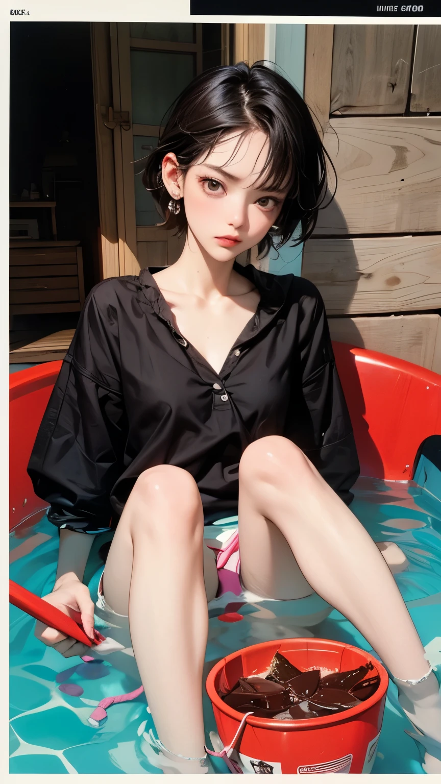 Trap Set in a Bucket with a Stick and String、Trap Food is Chocolate Shortcake、surreal、Pop Art、Detailed Details、high contrast、BEST ILLUSTRATION、1 girl, Alone, from, feet soaked in chocolate, Swimsuit, short hair, piercings, Swim in chocolate, Chocolate Castle ,Girl caught in a trap、troubled face