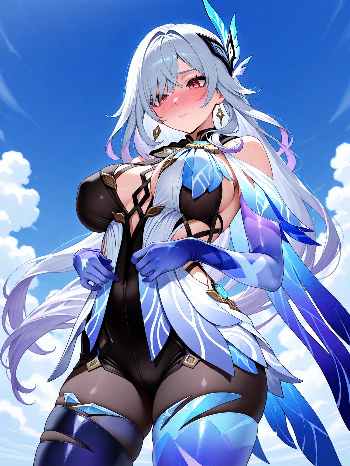 (shylily/(Twich/):1.5),(masterpiece:1.2),(best quality:1.2),（（tmasterpiece：1.4，Best quality））+，（hyper-detailing）+，（Ultra-detailed eyes）+，（Fish ears：1.5），（cute girls），15year old，（Amber Eyes：1.15），curlies，Bushy hair，red hairband（wariza：1.2），pale-skinned，ssmile，blood stain
（She is wearing a classic white exotic dance outfit，Lilac pattern，Lots of fluff：1.5），（Ed：1.4）Chain bracelet，pearls necklace，Black earrings，merfolk，The corals，Menghua，gem jewelry，Ocean of fish and trees，huge white ribbon，Conch headdress，blue lips，fish flocks，Fishbone decoration，With your back to everyone
（Fishtail：1.1），
（dawn light：1.2），
（Thick black and white：1.16），（depth of fields：1.4）Complicated details，color mixing，Detailed route，Excellent,super detailing,The content is very detailed,(hight contrast:1.11),ventania,Amazing cleavage,beautidful eyes,messy  hair,(best illuminate，Extremely Delicately Beautiful), ((movie light lighting)), (seen from the side:1.3)，8K,tmasterpiece，Best quality，cinematic Film still from，1 plump girl，floating in sky，Intertwined clouds，cloud，（Close-up cleavage：1.1），bright，cheerful，Interesting，gentlesoftlighting，（bauhause，shape，line engineering，Abstract：1.1）offcial art， Unity 8k Wallpaper， ultra - detailed， Beautiful and beautiful， tmasterpiece， Best quality， （dynamic angle：1.4），romantic depth of field exotic_dances，Perfect NwsjMajic，（tmasterpiece，top-quality，Best quality，offcial art，Beauty and aesthetics：1.2），The content is very detailed，rich colourful，highest details，