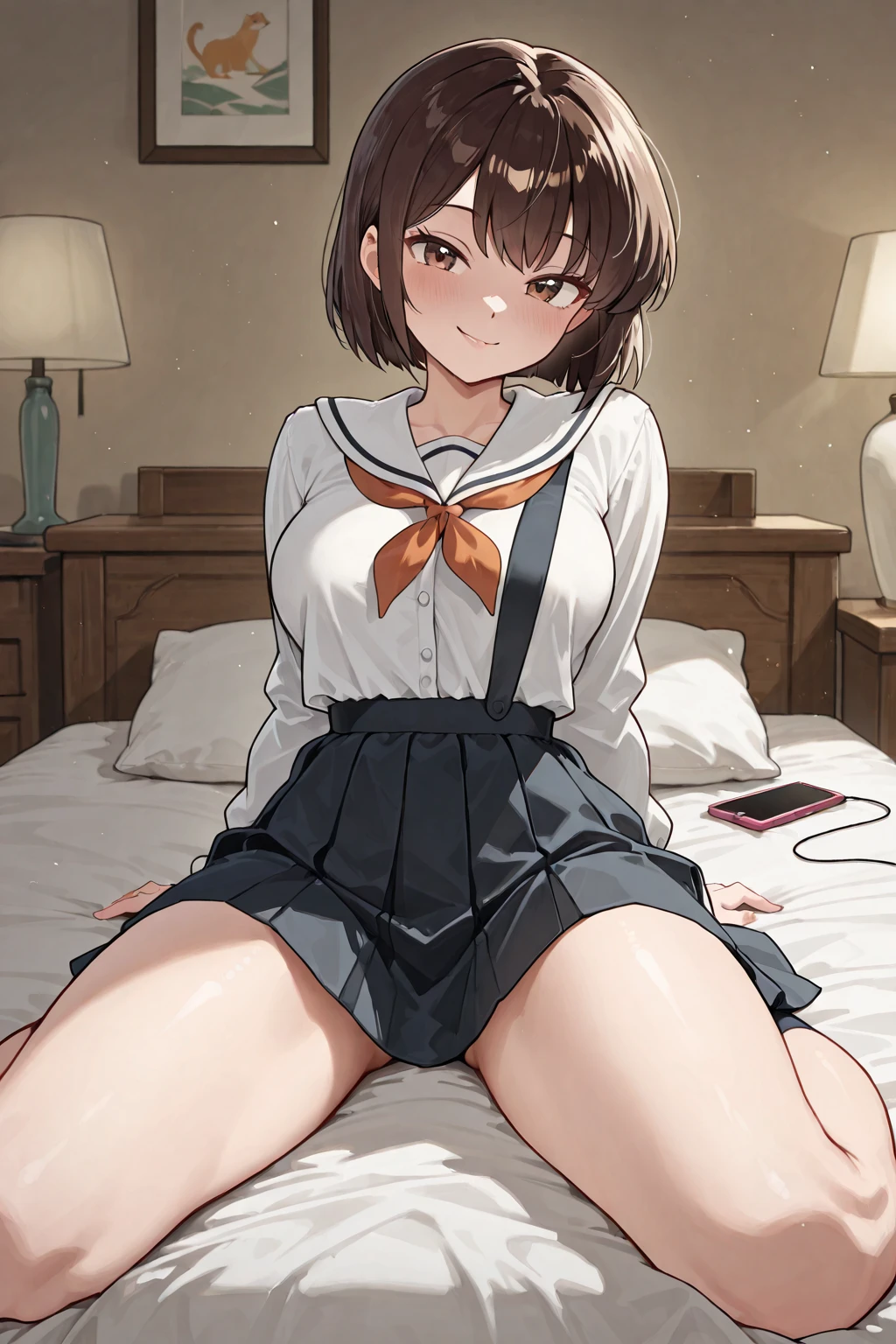 (((1girl))), ((best quality)), ((masterpiece)), ((ultra-detailed)), (illustration), (detailed light), (an extremely delicate and beautiful), (beautiful detailed eyes), (sunlight), ((extremely light)), ((extremely clothes)), (((hyper detail))), (((extremely high resolution))),
(((typical school blazer and a brief pleated skirt))),
high school girl,
wavy medium hair, ((((dark brown hair)))), (((long length hair))),
(((dark orange eyes))),
(((whole body))), aged 12 to 16
(((condescending expression))), (mischievous smile with sexual satisfaction), (((extra adorable))), (((extra slender shape))),
(((extremely beautiful detailed face))),
(((lying down on the sofa with her legs erotically open wide and her upper body leaned backward and with her hips thrusted forward))), (((((Dutch angle))))),
((exposed pale pink silk panties)), ((())),
(((extremely thin thighs))), (((white ankle socks)))