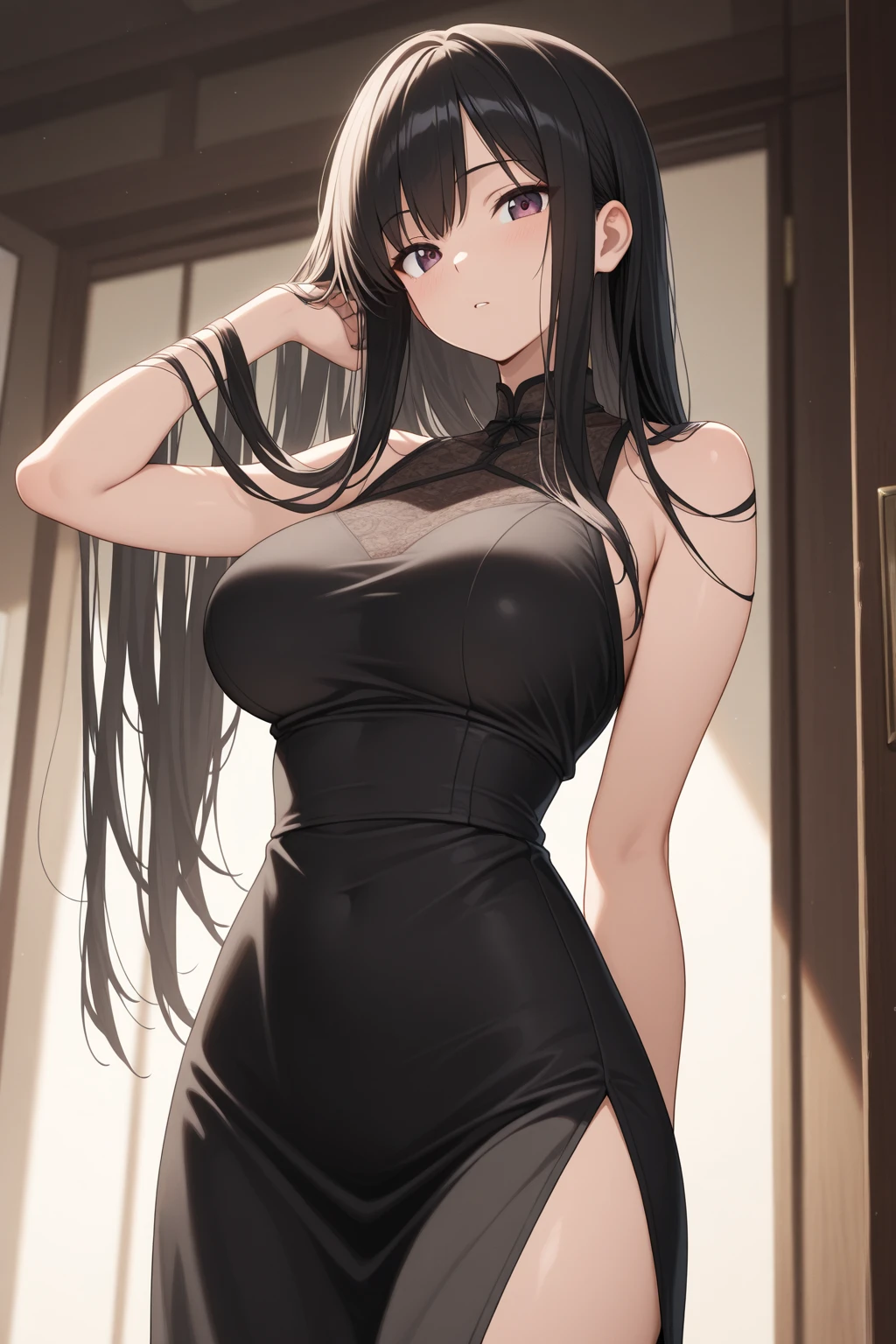 (RAW photo:1.2), (photorealistic:1.4),(masterpiece:1.3),(best quality:1.4),ultra high res,(detailed eyes),(detailed facial features),(detailed clothes features),HDR,8k resolution, solo focus, bangs, skin tight, (shiny skin),(slender girl),dreamlike,
(extreme detailed illustration),check commentary,commentary request,scenery,no text,
<lora:VirtualGirl-Aim:0.3>,VirtualGirl-Aim, (smile), (medium breasts), bangs, straight hair, long hair, black hair, black eyes, crystal pendant,
1girl, (solo),gentle,cute, innocent,blush,
black long transparent silk nightdress, See-through dress, (no pants, erect nipples, pussy emerge), barefoot,