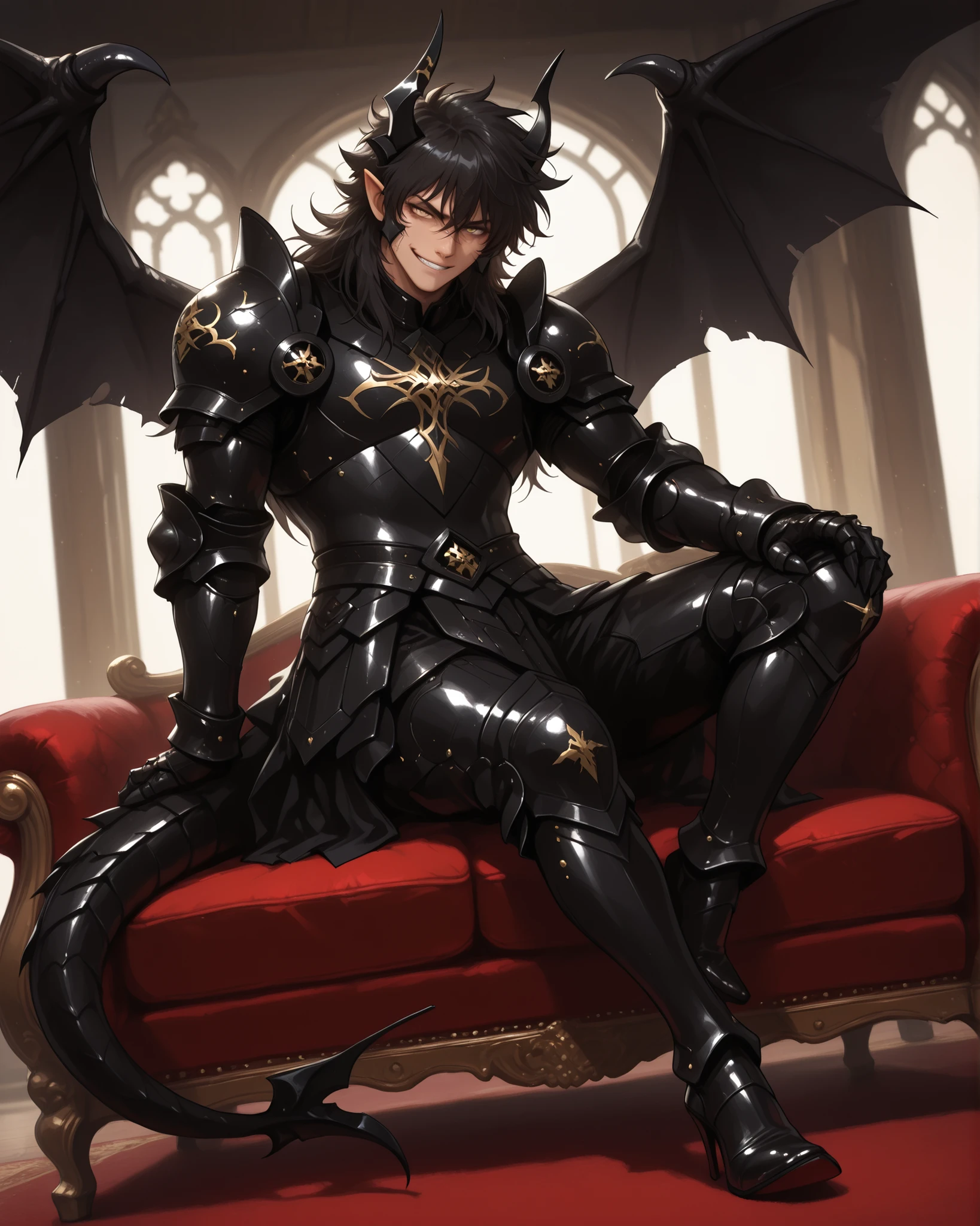 score_9, score_8_up, score_7_up, absurdres, ((128K Ultra High Resolution)), (masterpiece, best quality: 1. 5), (high definition: 1, 4), highres, 8K wallpaper, (excellent graphics: 1. 5), CG, (((Japanese Anime style))), (Black Saint Seiya), (1 male), solo, lean body, (masculine), floating in the air, weredragon, glossy black, shiny black leather, ((beautiful golden eyes, finely detailed eyes, bright eyes, slit pupils)), hair between eyes, black hair, long hair, sideburns, wild hair, (sly grin, sinister grin, smirk), teeth, confident, ((ultra detailed face)), shiny skin, long pointy ears, twisted torso, long-legged, sculpted face, wasp waist, dragon horn, dragon tail, dragon wings, dragon sharp claws, (black armor with a lot of grandiose decorations: 1. 5), half dragon half human, (sit cross-legged, closed legs, luxury carved antique red sofa: 1. 5), (dramatic angle, dynamic pose: 1. 5), (ultra detailed black armor, well-polished black armor: 1. 5), (gold-adorned armor: 1. 5), all black outfit, full body, emphasize face, sharp focus, good-looking man, (best illustration, highly detailed artwork: 1. 5), cinematic, (dramatic lighting), (intricate detail, extreme detailed, super detailed: 1. 5), (stark contrast, heavy shadows: 1. 3), detailed black decorations, beautiful & aesthetic, photoreal, (from side), (mysteriously crafted black metal armor: 1. 5), thick & luxuriant hair, (ultra detailed fantasy black armor, wonderful black armor: 1. 5), (realistic metal texture), broad shoulder, true-to-life visuals, artistically refined, (extremely delicate & beautiful armor, elaborate armor details: 1. 5), (giant black armor, dark armor, stylized armor: 1, 5), (((armor-type high heels))), (extremely detailed armor with intricate engravings, intricate armor with gold ornaments: 1. 5), (very gorgeous and dazzling), (dark fantasy black knight: 1. 5), slim waistlines, wide chested, sinewy body, (Hyper Detailed & Perfectly Designed Black Armor: 1. 5), (simple white background), windy