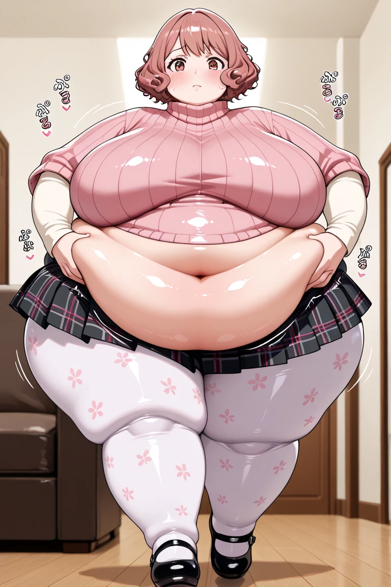 (masterpiece, best quality, highres, absurdres), 1girl, big belly, chubby arms, thighs, art by kipteitei, takebadef, uniform, pink cardigan, bow, skirt, choker, earrings, chubby, embarrassed, flushed, sitting down with legs together, poking belly, tight shirt