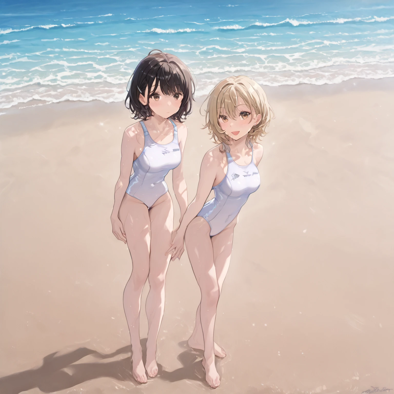 (masterpiece:1.2), (Highest quality:1.2),, Curvy but slender body, Perfect Eyes, Perfect Face, Perfect lighting, 2 people, ,At the Beach,(Standing position),(White One Piece Swimsuit),(whole bodyのフルショット),(short hair),(smile),Curly Hair, Quality clothing, Detailed outdoor background, Compensate, eye shadow, Thick eyelashes, Fantasy, Looking at the audience, whole body、blue sky、Bright and beautiful face、Young and shiny white glossy skin、The ultimate beauty、The most beautiful light blonde hair in the world、Thin Hair、short hair、Shiny beautiful bangs、Big, bright blue eyes、Very beautiful and lovely 1, The most beautiful girl in the world、Small breasts