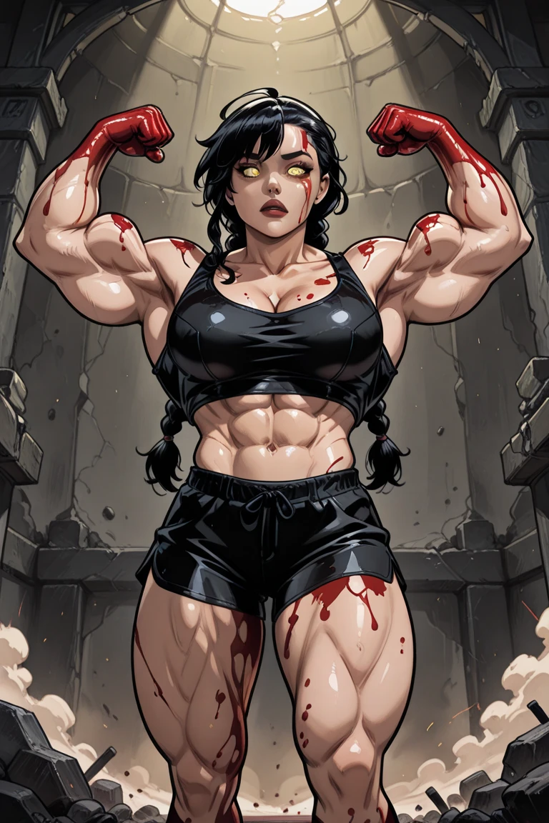 kneeling down pale skin black hair yellow eyes, solo, (((small breasts))), navel, abs, looking at viewer, midriff, ((torn clothes)), bruised, bruises, ((bleeding)), ((bruise)), ((tears)), crying, (tan), from behind, (((((muscular))))), (((((thick thighs))))), (((black dress))) long hair
