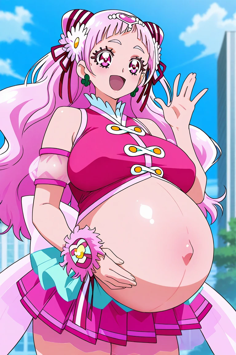 charm22, cute face, tall girl, wearing school uniform, huge breasts, rainbow pink long hair,Fujiwara Chika, full body, hat, wizard tunic