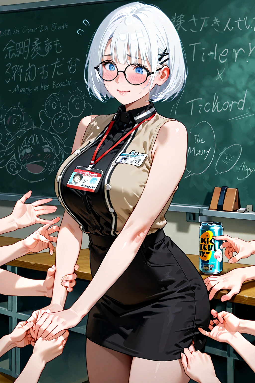 score_9, score_8_up, score_7_up, score_6_up, score_5_up, score_4_up, BREAK, source_anime, anime screencap, anime coloring, Japanese stiff-looking beautiful female teacher, (huge breasts, sagging breasts:1.1), large_areolae, (skinny, slim:1.2), hourglass body shape, 36 years old, black hair, short bob hair, asymmetry_bangs, forehead, hair behind ear, v shaped eyebrows, (high stature:0.4), Wears glasses, looks serious, (slingshot swimsuit, pubic hair:1.2), teaching in front of the blackboard , holding a chalk and a textbook, smile, classroom