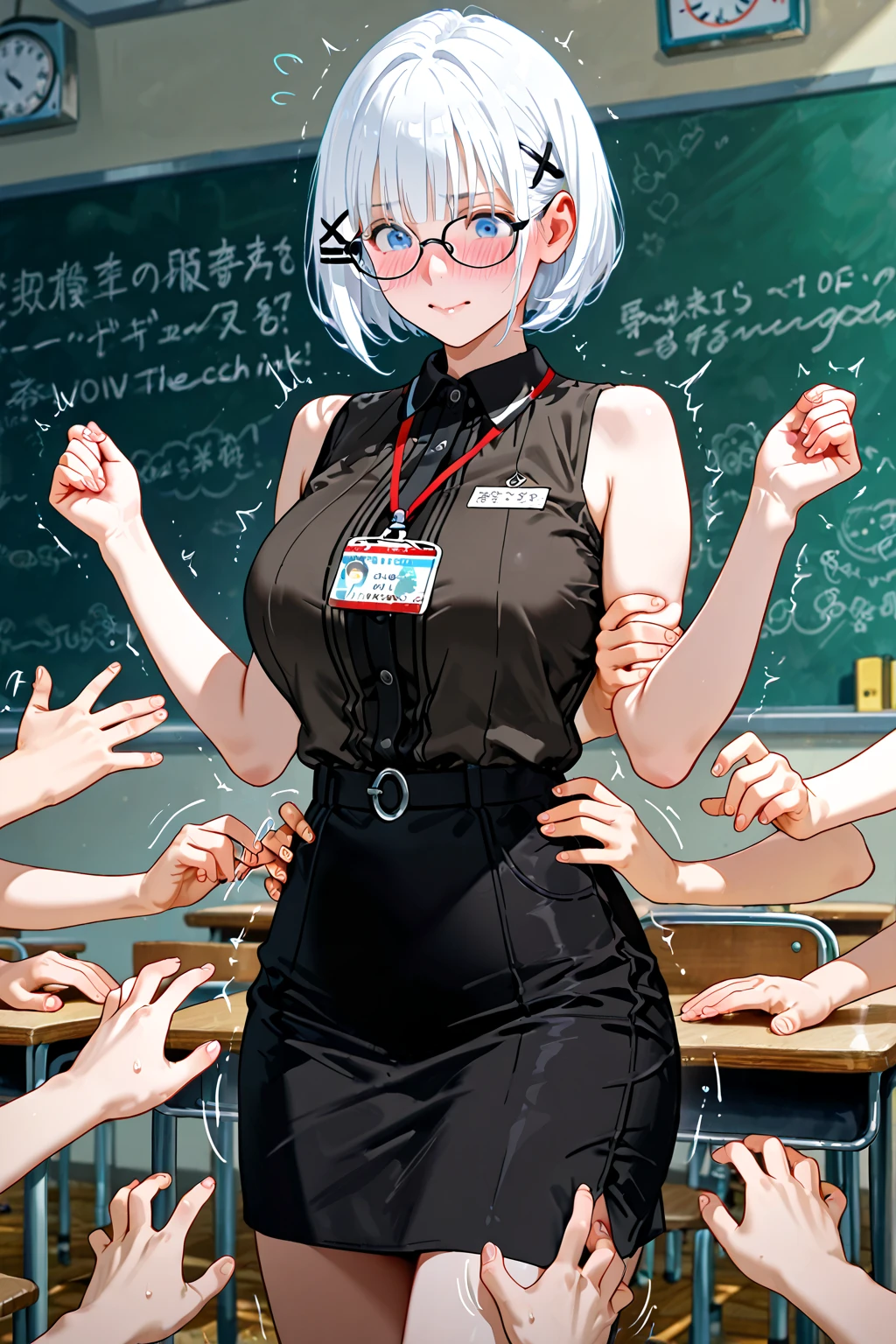 score_9, score_8_up, source_anime, 1girl,A teenage girl, standing confidently in a schoolyard, wearing a traditional Indonesian . The uniform features a vibrant, orange and blue batik patterned shirt with long sleeves. A simple black belt cinches the waist. Her long, flowing black skirt reaches her ankles, contrasting with the colorful top.innocent, blue eyes,full body ,ahoge, solo, colored tips, white hair, high-waist skirt, long skirt, black skirt, , long sleeves, standing, indoors, (bound with an excessive amount of ropes), (bound wirsts), (arms behind back), (tapegag, tape gag), dramatic,  (looking at viewer), (detailed pupils:1.3),ahoge,pencil skirt, classroom 