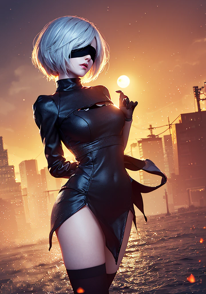 1girl, athletic yorha no. 2 type b, beautiful face, standing in front of city in ruins, short white hair, short black dress, blindfold, trees, sun, city, grass, white panties, erotic,<lora:2bNierAutomataLora_v2b:0.6>, masterpiece, film grain, (lens distortion:0.7), (chromatic aberration:0.6), intricate, unreal engine 5, volumetric lighting, realistic, realistic lighting, cinematic, 8k, cinematic lighting, depth of field, masterpiece, perfect, award-winning, hyper-detailed, photorealistic, ultra realistic, realistic light, hard lighting, intricate details, stop motion, hyperfocus, tonemapping, sharp focus, hyper detailed, a character portrait by senior character artist, trending on Artstation