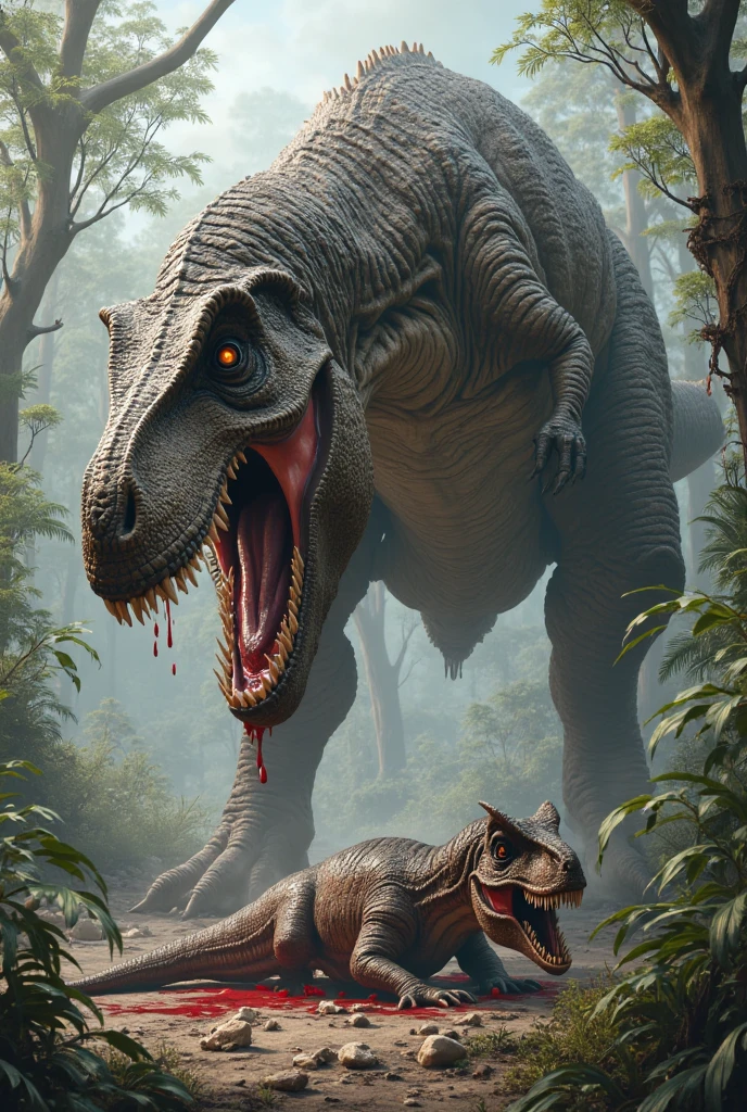 D rex eating a spotted cow, od rex has to be in blue-red color