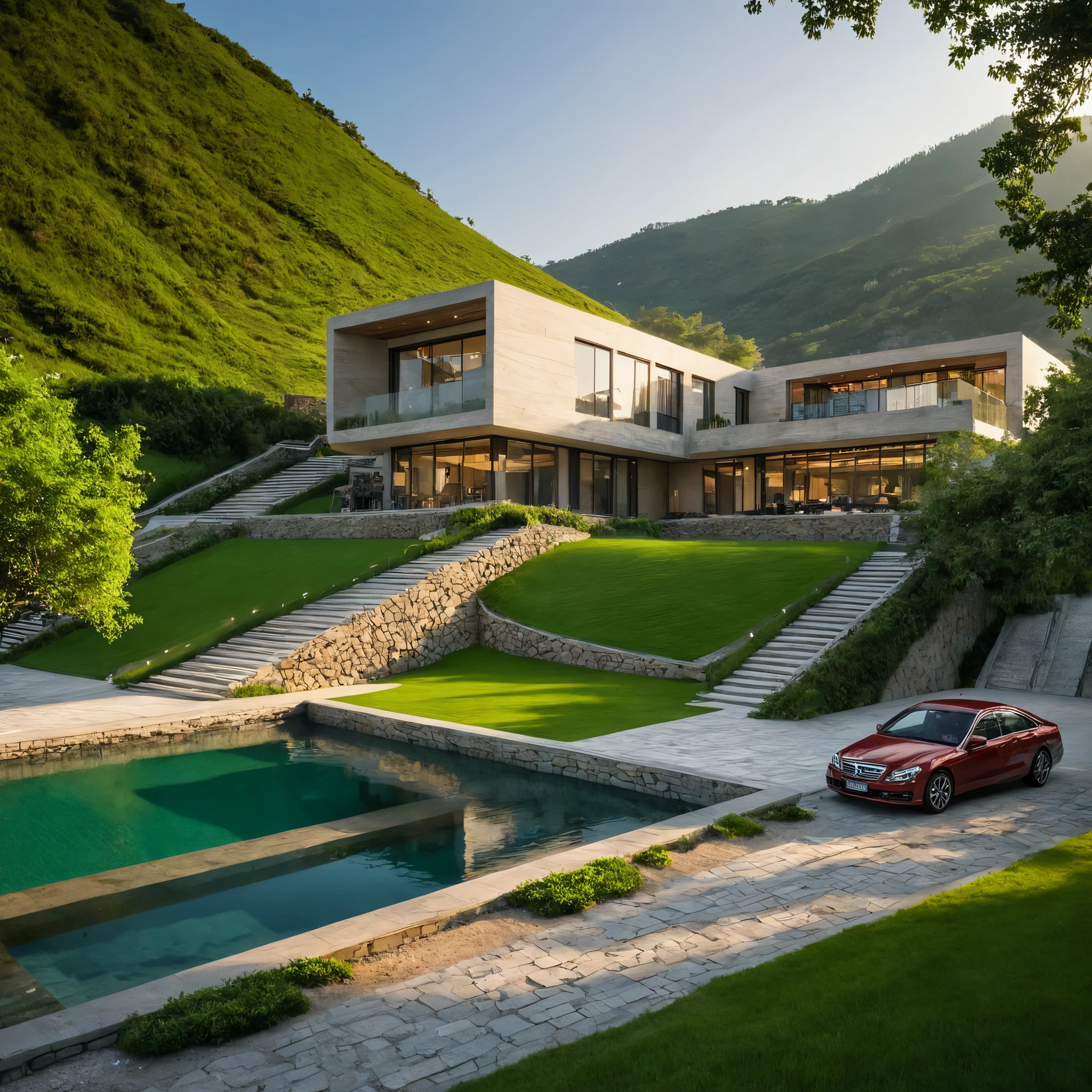 MASTER PIECE, modern, the resort is on the hills ,squares, urban landscape, cars, people, streets, reality, RAW photo, (high detailed skin:1.3), 8k uhd, dslr, soft lighting, ultra quality, film grain, Fujifilm XT3, sharp image, best qualitym, authentic, high quality; outdoors, day, water, tree, no humans, traditional media, building, nature, scenery, rock, mountain, house, landscape.