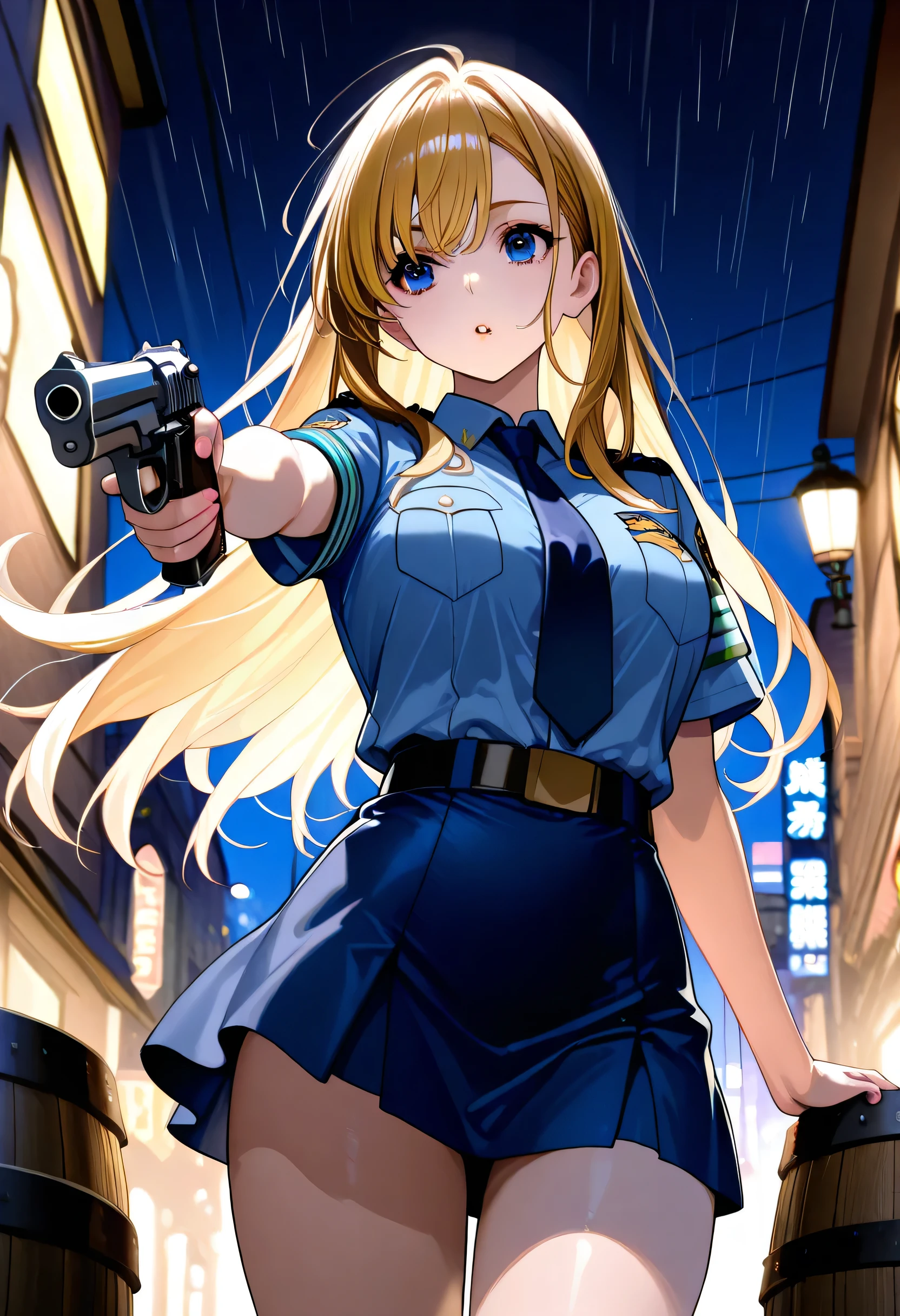1 Female、American Beauty、Super beautiful、Facial beauty、blue eyes、Standing、New York Police Uniform、mini skirt、Golden Hair、Night Street、Backlight、The wind is blowing、it's raining、He is looking intently at the barrel of the gun.、Thigh-up shot、pointing pistol