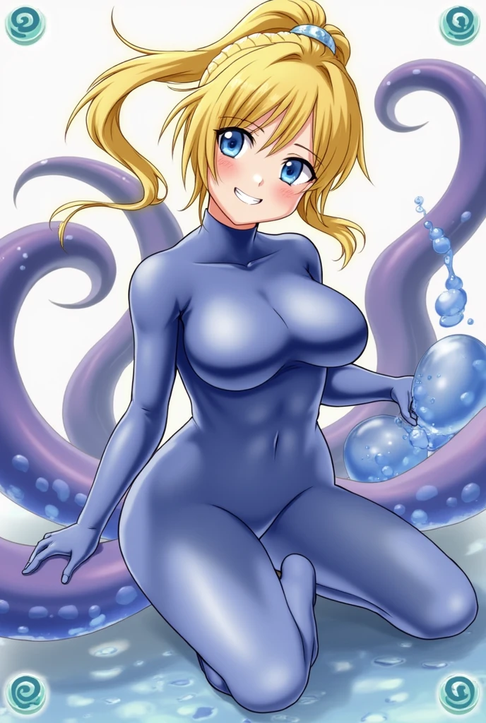 (masterpiece), best quality, expressive eyes, perfect face, ((solo, mature woman, full body, look smart, blond hair, short bob hair, glasses, azure pilot suit, high leg, over knee socks, large breast, large butt, look happy, relaxed expression, open mouth)), low view, ((aliens, alien monsters, tentacles, monstrous tentacles, swarming, surrounding)), in the spaceship, outer space,