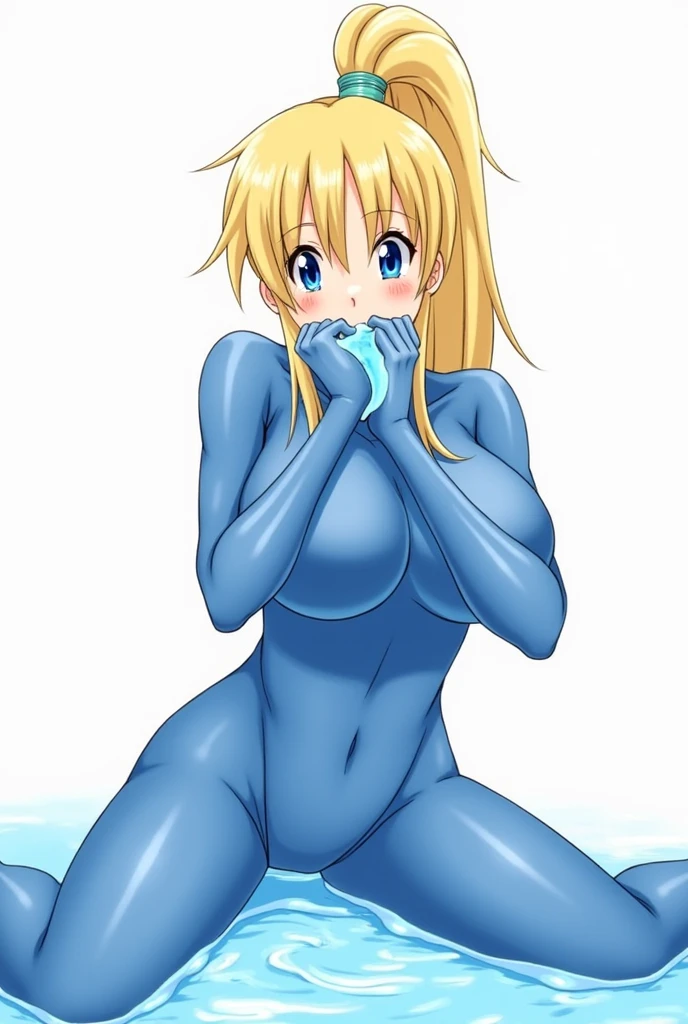 Seina Kashiwazaki, 1girl in, a blond, ponytail, hair ornament, (medium breast), bodysuit, (cowboy_shot), indoors, sleeveless.