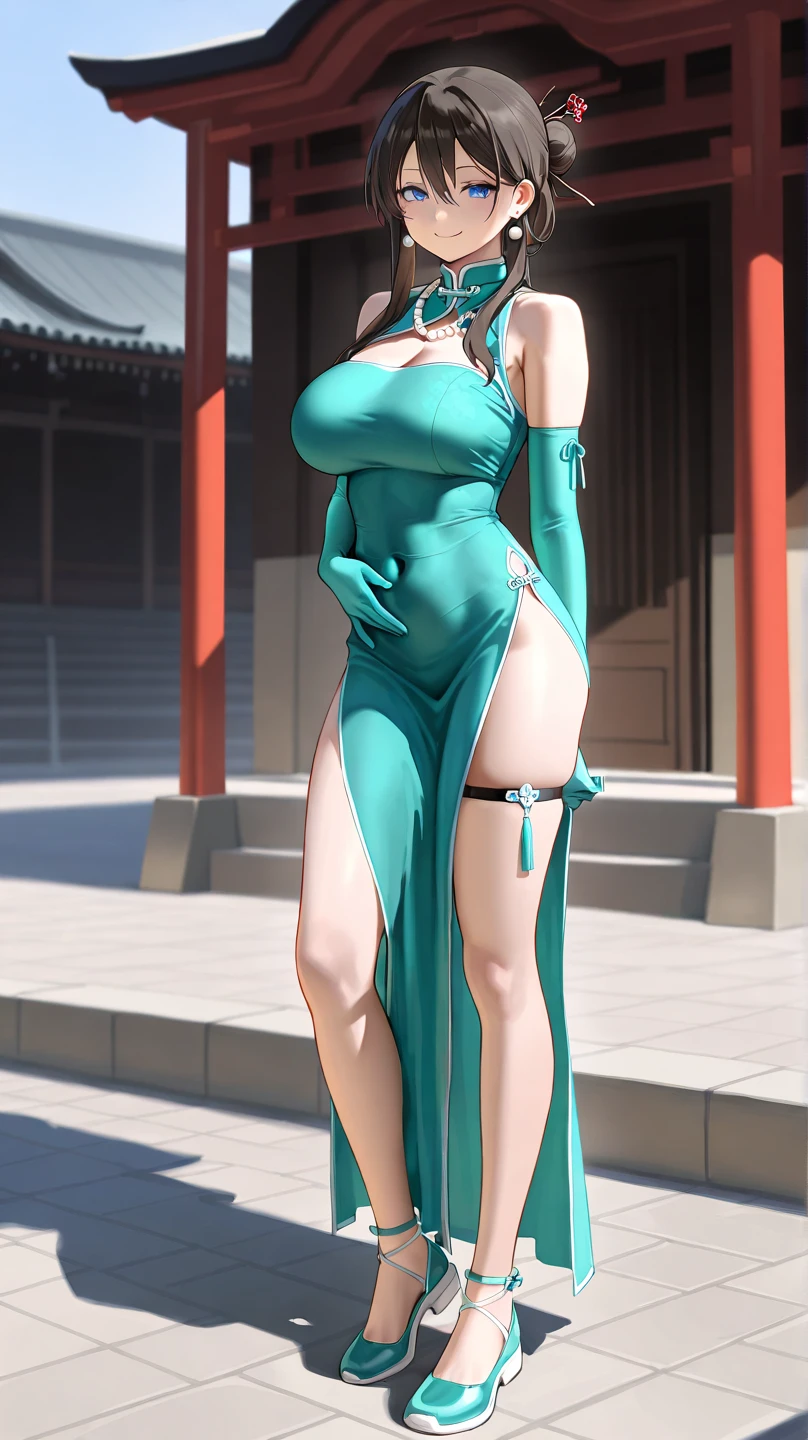 An Idol k-pop girl, (cute face:1), (lewd face:1), braid hair, intricate face details, detailed face, golden ratio face, ((huge breasts:1)), ((large breasts:1)), ((giant breasts:1)), ((big breasts:1)), ((slim waist:1)), ((big butt:1)), ((big hip:1)), ((big thighs:1)), ((thick thighs:1)), ((intricate hands:1)), ((detailled hands:1)), ((intricate feets:1)), ((detailled feets:1)), (polished skin:1,9), (sweaty:1,9), (thicc:1), (erotic:1), (perverted:1), (she is sexually aroused:1), (full body:1), (look at viewer:1), 64K, UHD, HDR, global illumination, (high quality, high detailed, hyper detailed, extremely detailed), photo realistic, ultra realistic, art photo, (clarify the details, detailed parts body), intricate artwork masterpiece, trending on artstation, (horny face:1), (dark green eyes:1,9), (dark green hair:1,9), posing, walking up the stairs, red carpet, stair, house, white gate at the back, dark green dress, silver bracelet