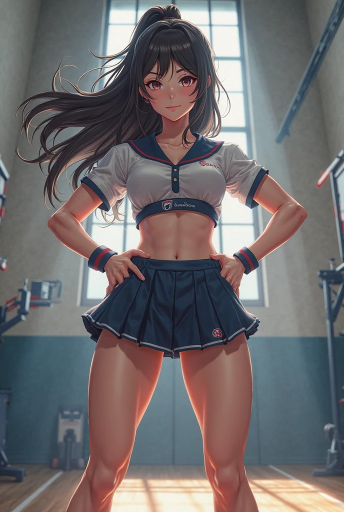 (highres,realistic)Beautiful girl in Japanese cheerleader outfit, (ultra-detailed)flawless appearance, (extremely detailed eyes and face)gorgeous eyes with long eyelashes, (beautiful detailed lips)luscious lips, (long black hair)flowing down her back, (energetic and confident)radiating a vibrant aura. She is (inside a locker room), surrounded by the familiar scent of sweat and determination. The (bright fluorescent lights)shine overhead, illuminating her (athletic physique)toned and fit body.
She stands tall, her (cheerleader uniform)accentuating her slender figure. The (traditional Japanese design)of her outfit features (bold red and white colors), symbolizing strength and passion. The (meticulously tailored)uniform perfectly fits her, emphasizing her femininity and grace.
Adjacent to her, (rows of neatly arranged lockers)create a sense of order in the locker room. Each locker bears the name of the team members, displaying the (team spirit and camaraderie)shared among these dedicated athletes.
In the background, (reflection on the mirror)captures her beauty from different angles. The mirror reveals reflections of other cheerleaders preparing for their routine, sharing their excitement and enthusiasm. They adjust their (colorful pom-poms)with precision, eagerly awaiting the start of the game.
The girl's expression exudes confidence and determination, showcasing her (excellent cheerleading skills). Her (impeccable dance moves)and (dynamic jumps)make her an indispensable member of the team, driving the crowd to cheer louder and support their team.
The atmosphere in the locker room is filled with anticipation and energy, as the sound of (cheers and chants)from the stadium seeps through the closed doors. The girl's eyes reflect the passion and excitement of cheering on her team, as they take on the challenge ahead.
With (vivid colors)and (sharp focus), this masterpiece captures the essence of a beautiful girl immersed in the world of cheerleading. The combination