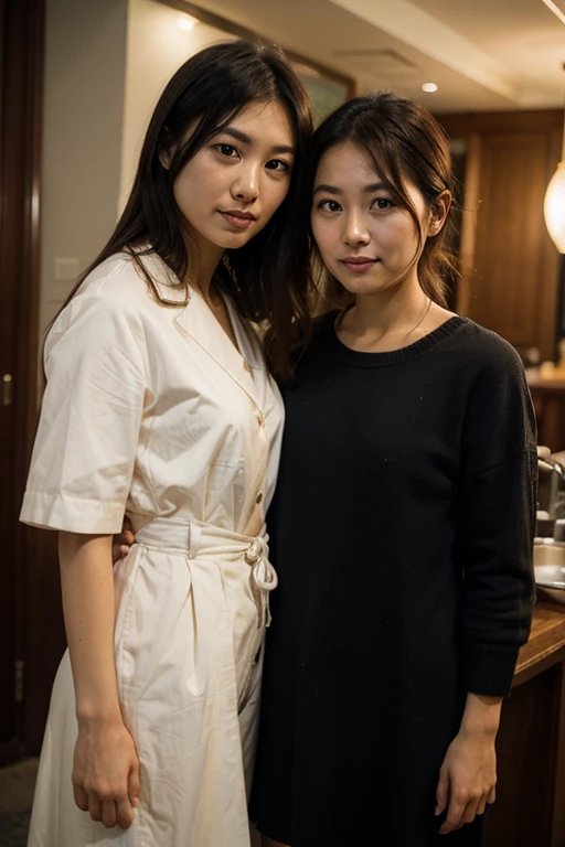 Asian Mother Smile kissing Asian Sister with Satin pajamas, long hair with bangs. living room.