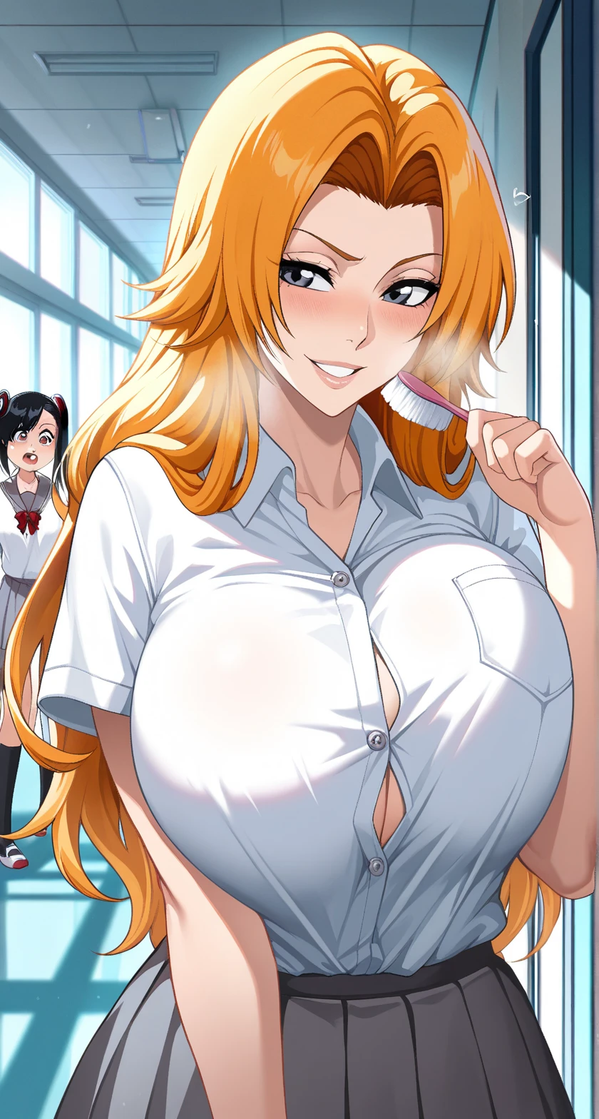 2heads, a short chubby woman with 2 heads. She has massive breasts. She is wearing a red plaid flannel shirt with a pattern. She is wearing beige pants. She is very short. Her breasts are gigantic. Her shirt is unbuttoned. She is blushing. She has freckles. She has freckles on her breasts. She is short. She has huge boobs. She has orange hair. She is in a log cabin. She has enormous breasts.