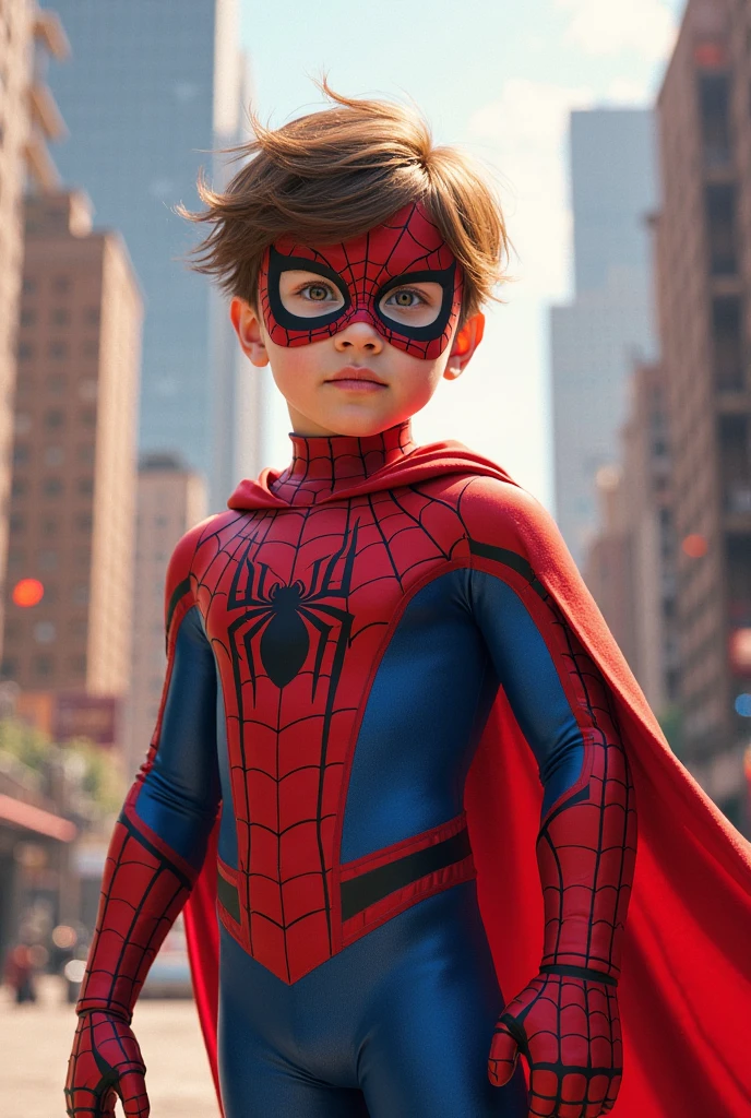 a cute little spiderman do not wear mas full body, 3 years old, facing camera, look at the camera, extremely detailed portrait, beautiful detailed eyes, beautiful detailed lips, extremely detailed facial features, detailed superhero costume, superhero poses, dynamic action, vibrant colors, cinematic lighting, epic fantasy, digital art, 8k, high resolution, hyper detailed, photorealistic