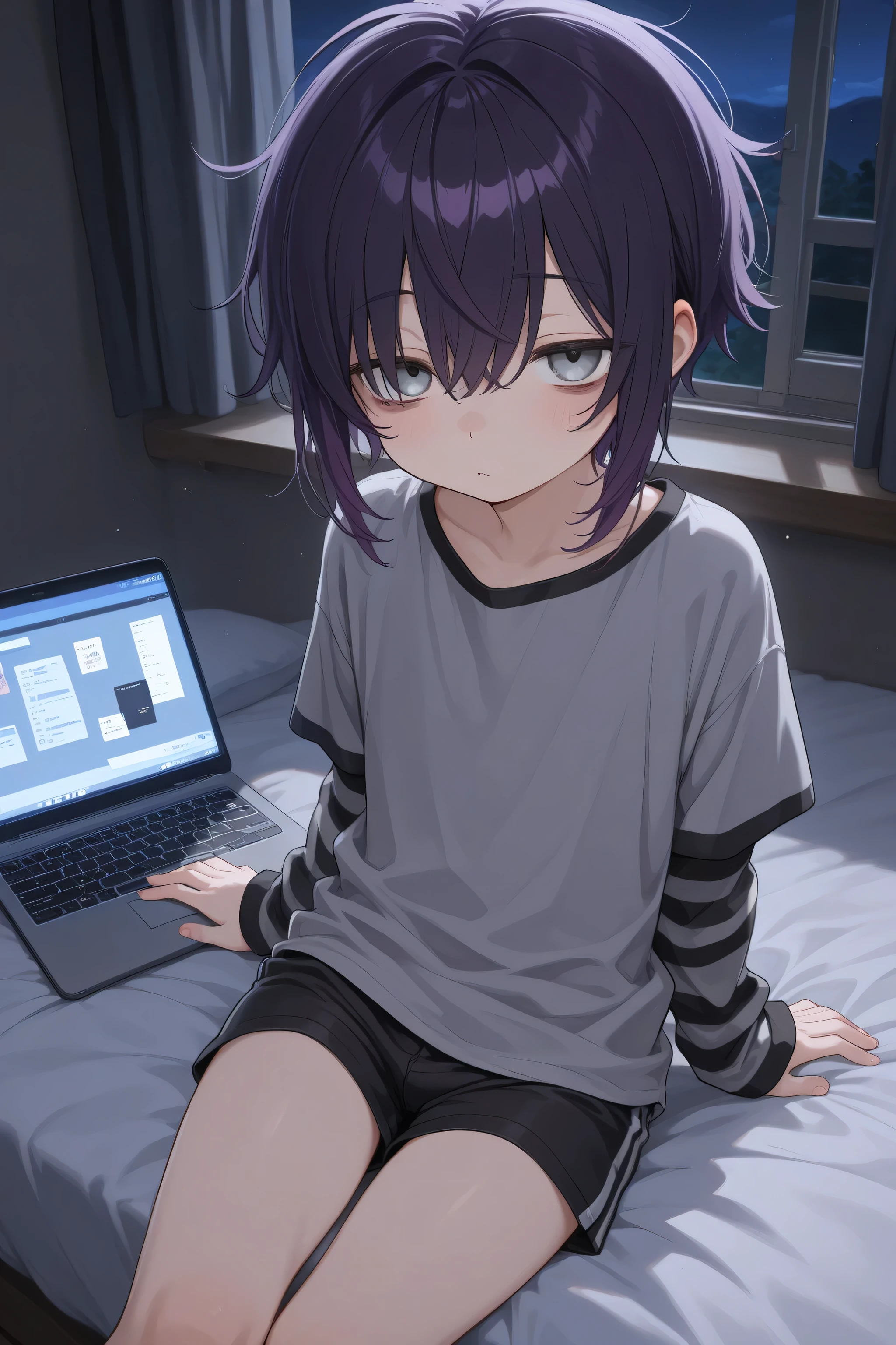 young boy, male, boy, small hips, shorts, cute, matte dark purple hair, very light grey eyes, sleepy, tired eyes, sitting on bed with laptop, looking at viewer, masterpiece, best quality, (best illustration), nighttime, night light, emo fashion