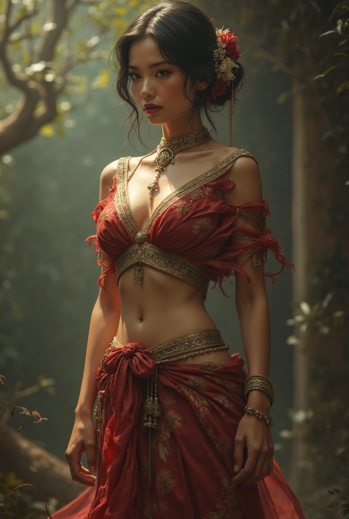 In a picturesque garden full of flowers, amidst a stunning woman((( Anne Hathaway:Selena Gomez:0.6))) , 184 cm tall in a vibrant red and black saree strikes a seductive pose, enchanting all who lay eyes upon her. (((Big round :1.4))) Delicate petals glisten with raindrops, while trees sway with the rhythm of the wind, creating a mesmerizing bokeh backdrop. As the droplets cascade down her curves, the atmosphere becomes charged with sensual energy. Explore the allure and raw sensuality of this captivating woman, as she embraces the magic of the monsoon, don't create out of frame illustration