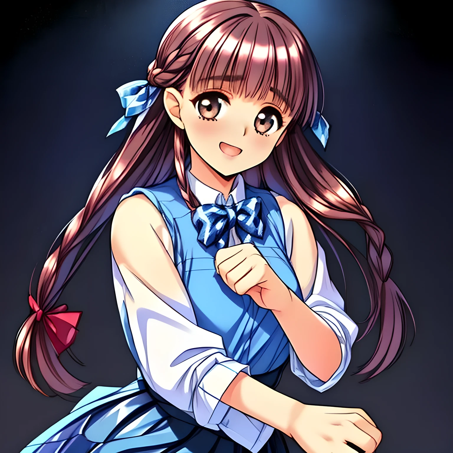 (highest quality, masterpiece, clearly detailed:1.5), ((highest quality)), ((High resolution)), (So cute face, most beloved, neatest elder knowledgeable ((completely perfect beautifully grown and evolved with grace, but bewitching mind like noble succubus)), noble beautiful beautiful fashion models with detailed, ((svelte silhouette)), Cloistered beauty, Pristine atmosphere, with beautiful hands and fingers, 160cm height, with detailed: 1.4), (laughing white shiny face with unreal beauty, overflowing with translucence and cute laugh at my lust (with deep pity), consoling me as if planting flowers, with detailed: 2.0), ((Neatest school winter vest-style uniform, pristine (white clean silk blouse with sleeves) under the dark navy-blue vest, and ((dark navy-blue & dark-blue shiny checker (Conservative middle-length) plaid pleats school skirt)), shiny-blue bow-tie, with detailed: 1.8)), (Beautiful brown (Japanese (dolly) popular fashion model's ((super-intelligent cool)) eyes): 1.5), (clearly detailed foreground: 1.9), ((purity and neatness of pristine school uniform is very impressing and refined): 1.8), (focus on her twin-braids hair and neat skirt: 1.9), (shiny brown twin-braids styled hair, bangs trimmed carefully: 1.7), (plain black background: 2.0), (ethereal ephemeral maiden, making unforgettable memory with me, Control the viewer to dream about their body continuously everyday: 2.0), (Promotion of lady's high-class cheat-strategy school to make men fall into love and realize deep allured desire by pure beauty and uniform: 1.8)