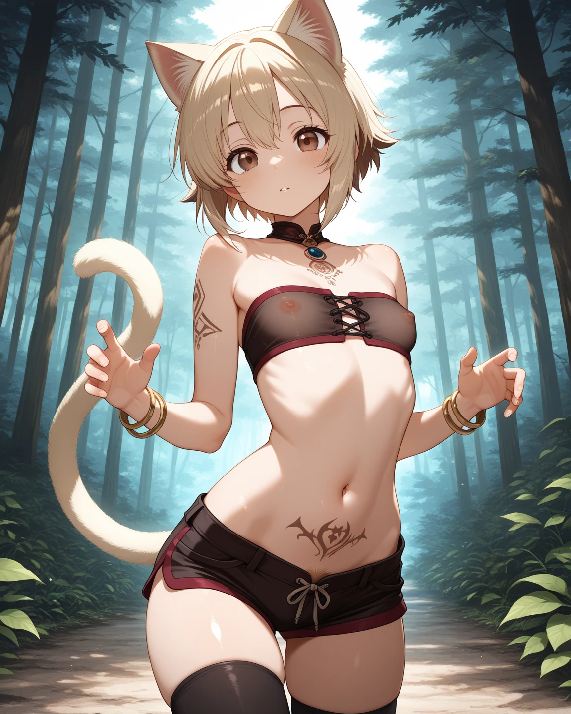 A highly detailed pov illustration of (((female, cat ears, cat tail, young, petite, flat chest, young, lithe, tribal catgirl)), ((flat chest, small breasts, a-cup, ultra petite body)) looking at overgrown ruins, (detailed eyes, ultra detailed eyes), standing over viewer, viewed from below, close-up, looking at viewer, bedroom eyes, aroused expression, blushing heavily, ((detailed cameltoe)) mons visible, inguinal crease, showing off body, ((primitive tribal outfit, exploring, tribal body markings)), (detailed fur texture, detailed fur), detailed background, dense jungle, ruins covered in vines, by sandra chevrier and greg rutkowski and wlop, bright light, digital art, highly detailed, fine detail, intricate, ornate, complex, octane render, unreal engine, photorealistic, 8k, 16k,