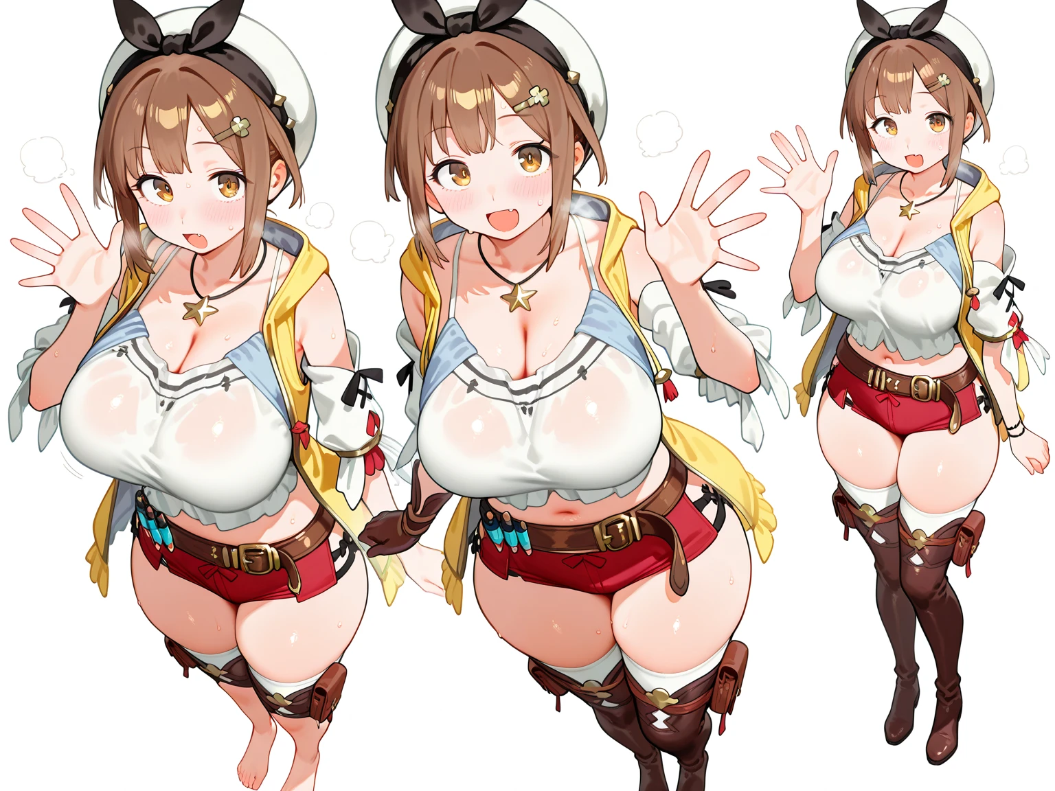 ((anime:)),,((best quality)), ((highly detailed)),(((sketch:))) extremely detailed face, beautiful face,((1girl:1.5)),((solo:1.5)),(shiny skin),((cowboy shot:1.5)),(looking at viewer), riza, brown hair, single glove, ((thighhighs,white thighhighs:1.15)) red shorts, jewelry, belt, hat, white headwear, necklace, yellow jacket, hair ornament, short hair, brown glove, shirt((huge breasts:1.12)),,((hanging breasts:1.25)),nsfw, (((bottomless:1.45))),((cleavage:1.15)),((thick thighs:1.21))((curvy:1.05)),((wide hip:1.05)),((pussy:1.35)),((outdoors:1.25)),,,((park:1.5)),((standing:1.35)),,((nose blush:1.45)),(happy:1.15)bad mood,(open mouth),half closed eyes,BREAK ((brown boots)),((thigh boots:1.35)),,hand on hip,from above,((cum on clothes:1.35)),(((cum on body:1.35)))