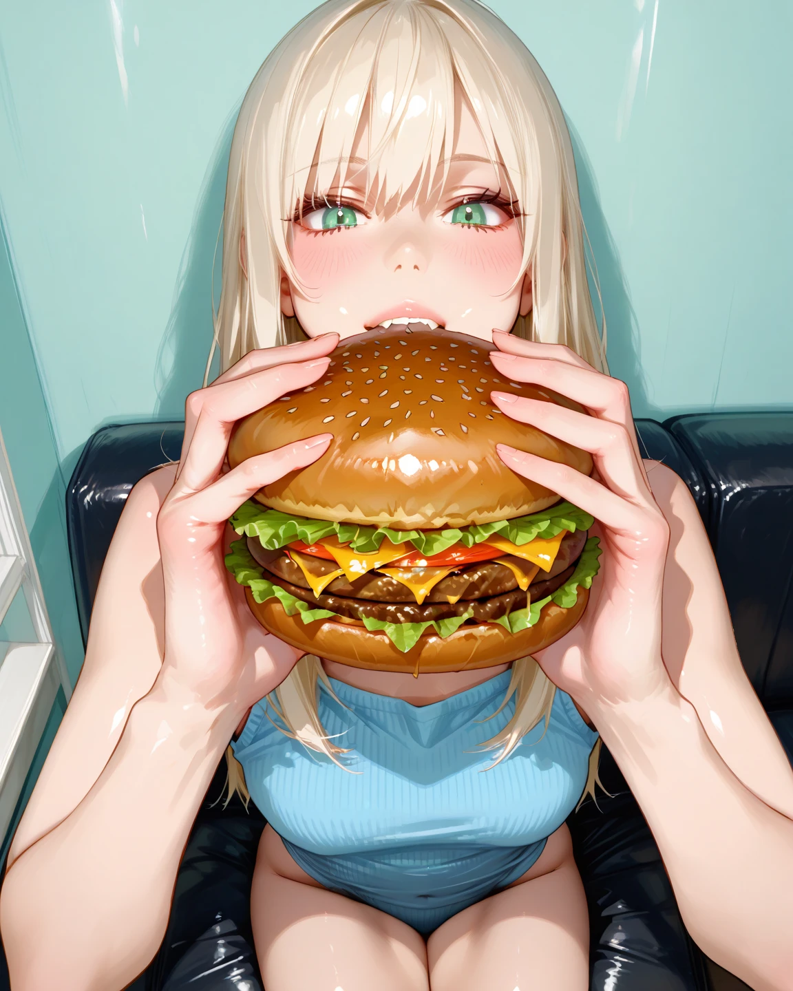 ​masterpiece、top-quality、realisitic、Photorealsitic、A burger-themed paradise、Japan Woman in Hamburger Swimsuit、Teen、blonde  hair、skin tanned、eating hamburger、Surrounded by lots of burgers、A smile、dynamic ungle、动态照明