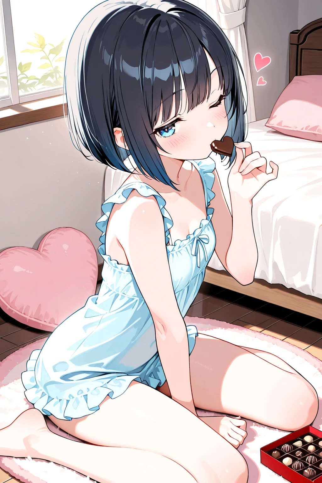 holding ice cream in hand,Licking ice cream,from front,front view,looking at viewer, looking ahead,from above,cowboy shot,1girl,Beautiful 14 year old girl,Japanese,Slender,,low length,Small breasts,Thin legs,Small Ass,Baby Face,Small face,Black Hair,one side up,Gray Eyes,slit pupils,Drooping eyes,middle School girls,Sheer black and pink negligee,lingerie,open mouth,tongue out,front face,Kneeling,Straight Stand,Beautiful and detailed anime art,Mischievous smile,Sexy vibe,cum on tongue,Dimly lit room,On the bed,Simple Background,Gray background,Low lighting,