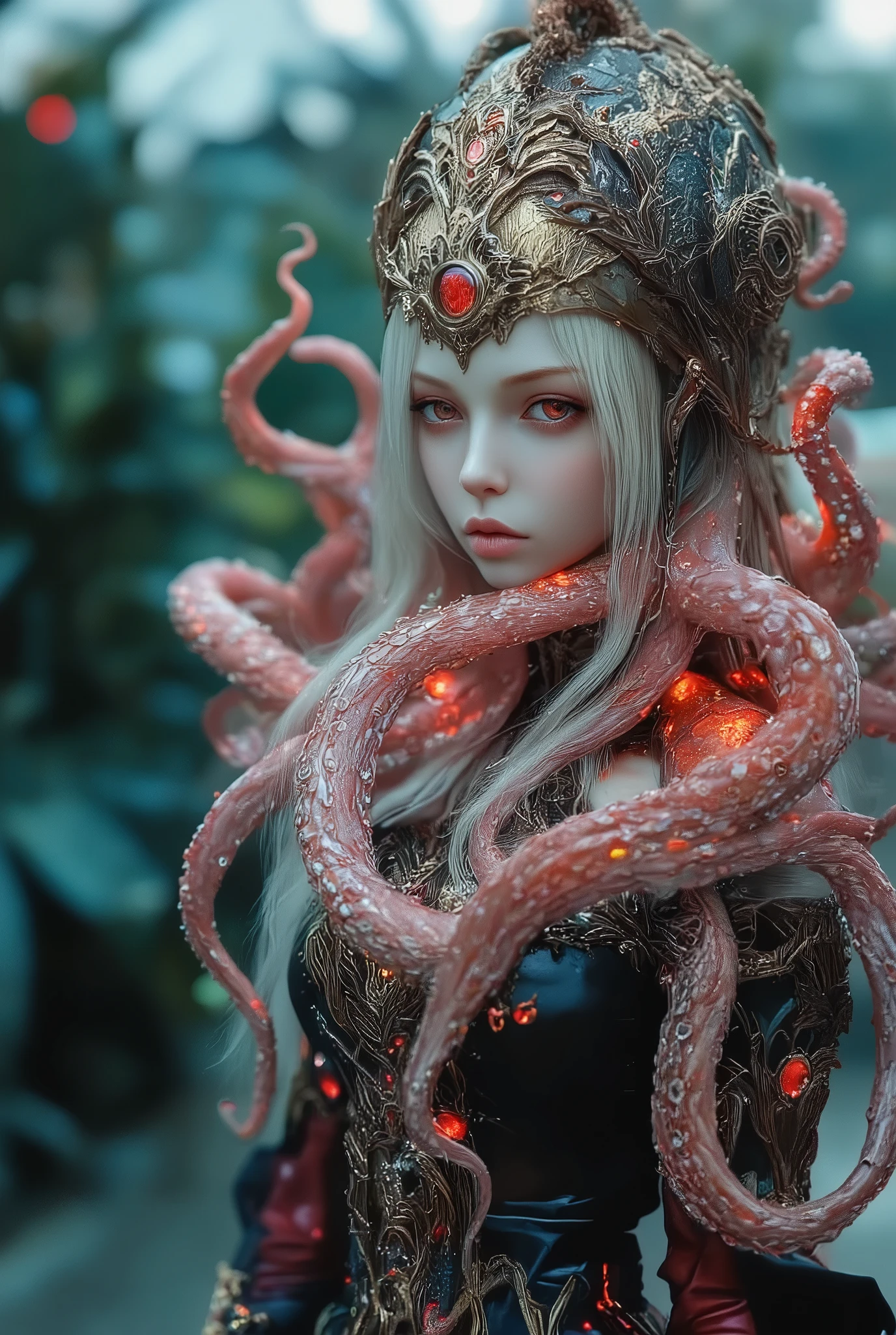 The image is a highly detailed, photorealistic CGI artwork featuring a busty figure with a surreal, otherworldly aesthetic. The subject has an unnaturally pale, almost translucent skin, with piercing red eyes that glow ominously. They are adorned with an elaborate, ornate helmet-like headpiece that features intricate, gold accents and a central, circular design. The helmet is covered in large, fleshy, pink tentacles that resemble octopus suckers, giving it a grotesque, yet fascinating appearance. The figure's long, platinum blonde hair cascades down, blending seamlessly with the tentacles, creating a surreal, hybrid look. They wear a dark, ornate dress with intricate, gold embroidery, adding to the medieval, gothic aesthetic. The dress appears to be made of a heavy, textured fabric that drapes elegantly over the figure's form. The background is a blurred, muted green and blue gradient, suggesting a dimly lit, indoor setting with foliage visible, possibly a greenhouse or a botanical garden. The lighting is soft and diffused, casting a cool, ethereal glow over the scene. The overall composition and color palette evoke a sense of eerie, otherworldly beauty, blending elements of fantasy and horror. The detailed textures