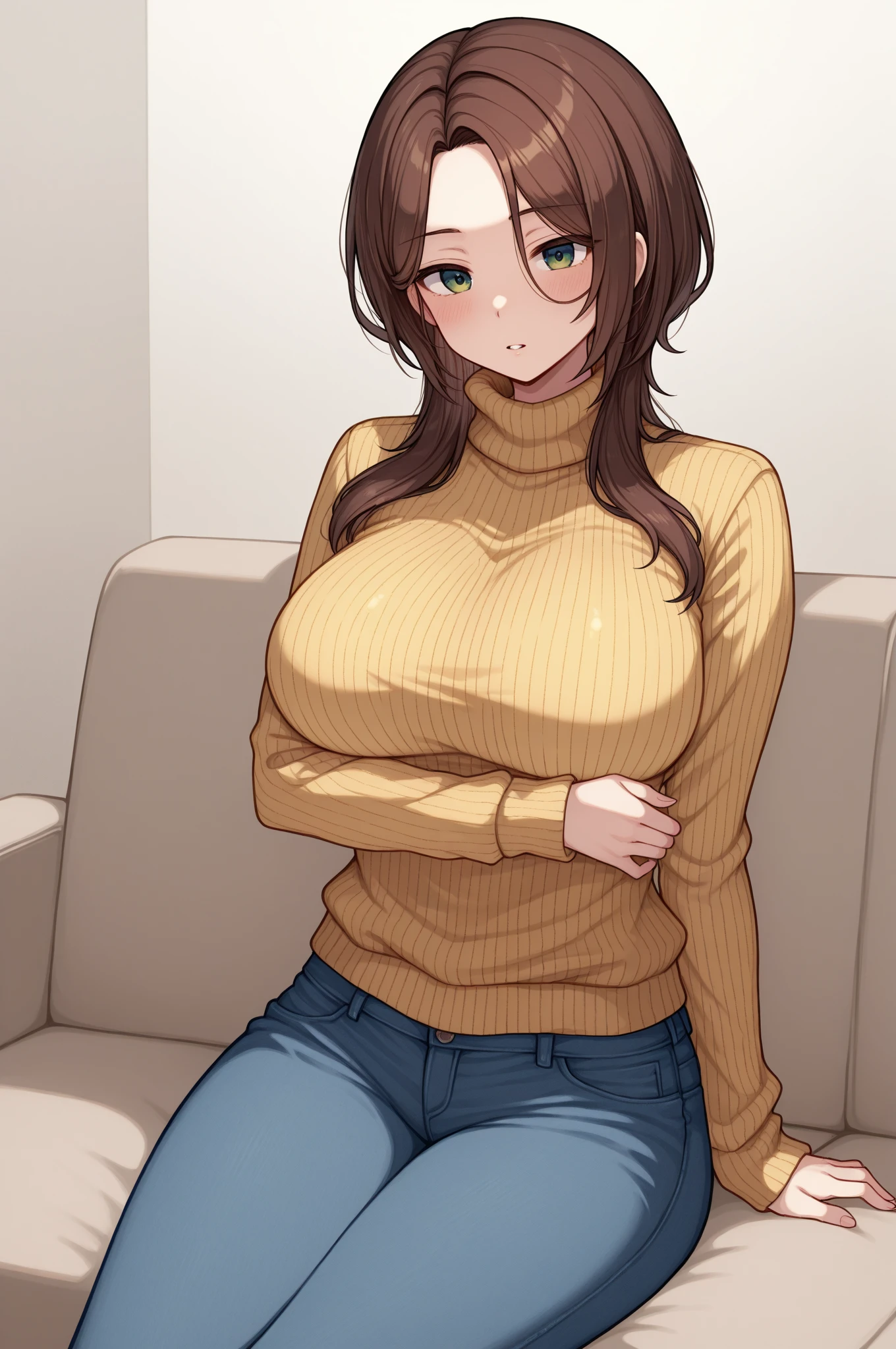 masterpiece, best quality, 1girl, solo, mature female, wavy hair, medium hair, black hair, black eyes, double-parted bangs, huge breasts, ribbed shirt, long sleeves, brown shirt, black pants, smile, looking at viewer, living room