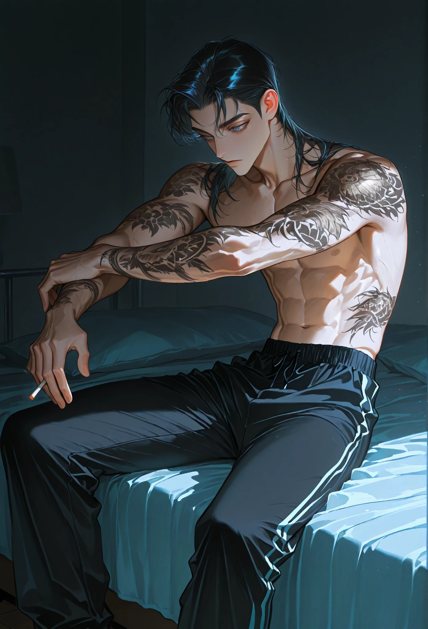 ((work of art, best qualityer)), 1 young boy, (mature man:1.4), 130 mmf1.4 lenses, 1 young boy, standing alone, pointy ears, heart-shaped pupils, From above, demon boy, big pectorals, saturados, colorfully, multicolored hair, silver hair, hair blue, multi colored eyes (((1boy))), ((toned)), male focus, Masterpiece artwork, high qualiy, (Masterpiece artwork:1.2), (best qualityer:1.2), shining skin, realisitic, ornate, intricate, ((blackquality hair)), (short hair), blue colored eyes,bangss, hair between the eyes, chic, looking_at_viewer, holding_fan, red_eyeliner, FH, crazy eyes, gazing at viewer, constricted pupils, dynamic pose, (shadows cast over the face:1.3), dark bedroom, shadow room