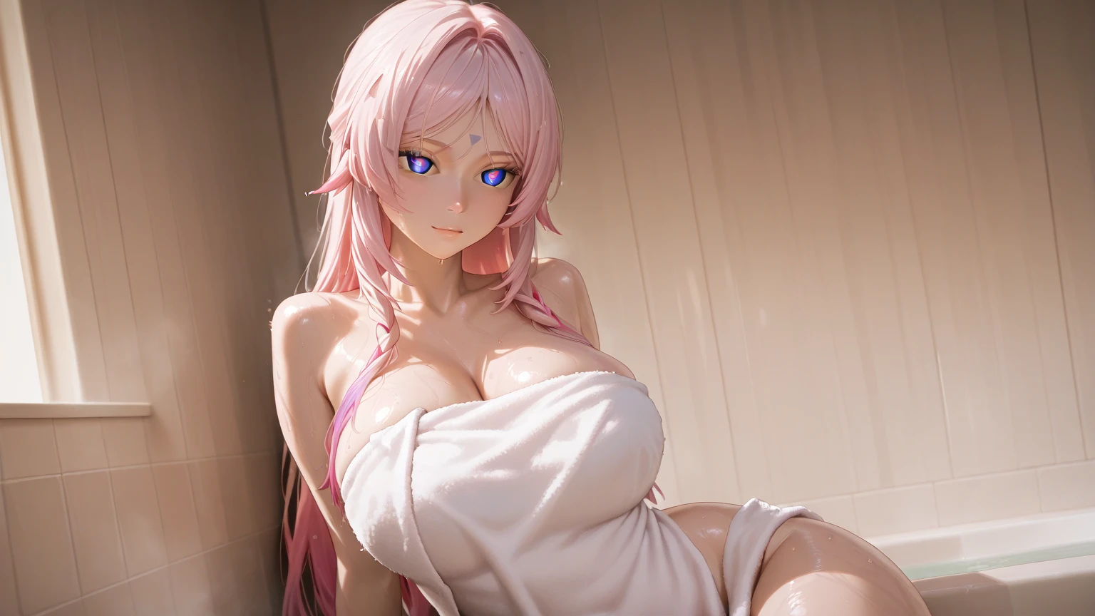 (masterpiece, highres, best quality, vivid, dynamic light:1.2), (closeup dynamic angle full face shot:1.3), young girl, solo, (moaning face, wink smile eyes:1.4), (huge heavy wide clean breast cleavage:1.3), (pink hair:1.2), (curvy, thick, chubby:1.2) (nude, shiny clean dark black brown skin:1.2),