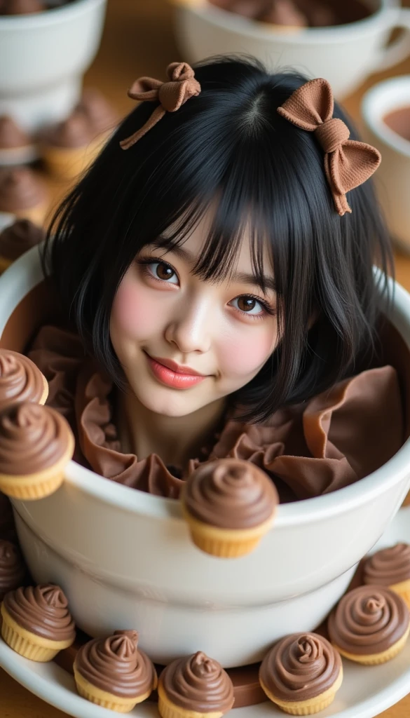 The best picture quality, a delicious looking parfait of strawberries and chocolate in a tall glass on the table, a 5 year old little girl laughing and eating parfait, a happy smile, the best smile, a very pretty , amazingly very large shining eyes, long eyelashes, chestnut hair, a neat ,friendly and bright smile, hydrangea blooming outside the window,