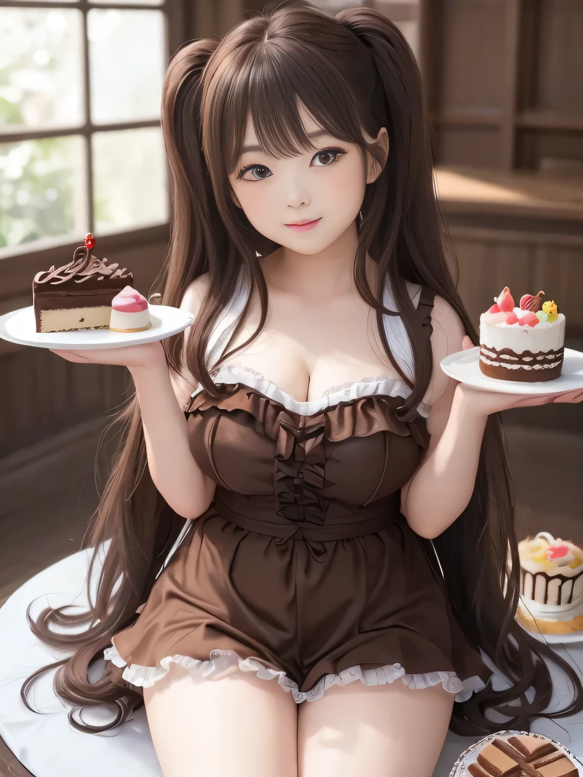 (top quality)、masterpiece、Hyperrealism、princess who sits with her legs open in an m shape、
a woman with sex appeal eats cake、Her cheeks are dyed with cocoa cream、embarrassed expression、The Girl Is Seductive、 Glossy Brown Hair 、middle twin tail、amazing beauty、
cute、lips、perfect body、Cocoa Color Pastel Deco Fashion、miniskirt、belly button、Chubby Glowing Thighs、
chocolate cream, sweets, Tiramisu cake 、Sweet and Poisonous Characters、Iced Cocoa、
sweetsコスプレ女の子,Taken with X-T4,85mm,blurred background,
