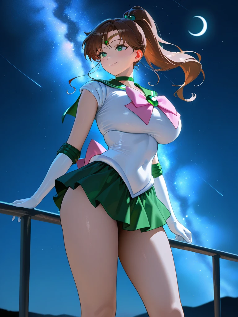 Highest quality, High resolution,((Sailor Jupiter)), One Girl, single, alone, Beauty, bangs, Brown Hair,Long ponytail)), ((Green Eyes, Beautiful eyelashes, )), (( Super anime CG style)), Big Breasts, Dynamic Angle, Perfect body, ((とても恥ずかしいパニックsmile、Look back and see this,(Point your butt forward)、（White lace sheer panties)、tall、No sleeve,The ruins in the background are very beautiful,Big eyes,(High definition and very beautiful eyes).smile,((Deep green ultra-mini skirt)),Looking up at the butt,Jupiter is visible,