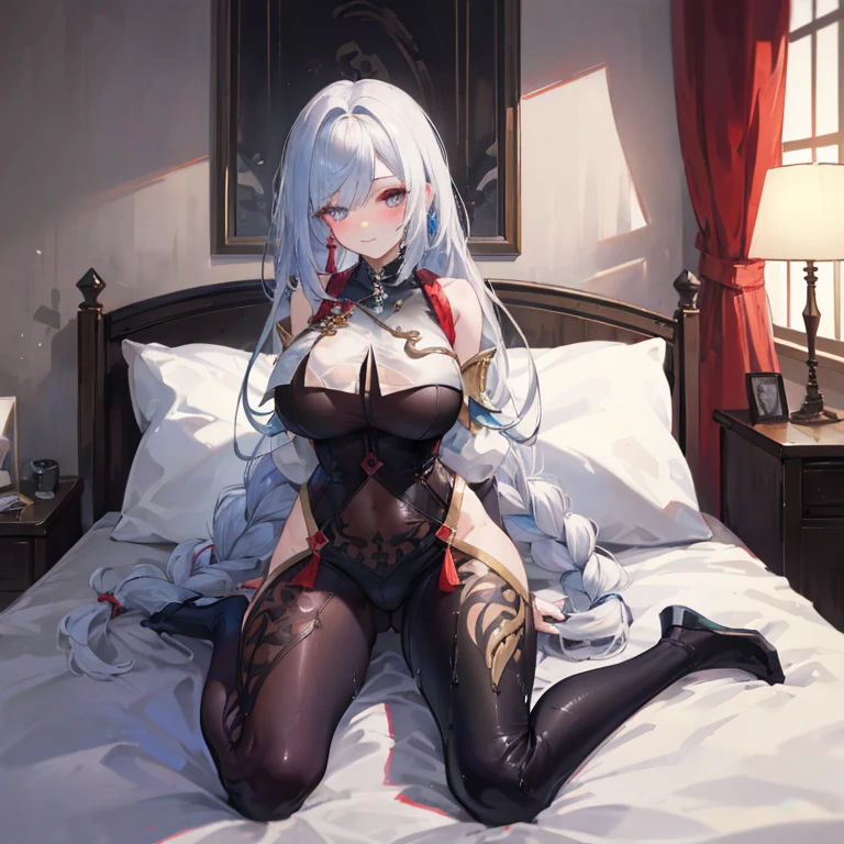(1girl:1.1), solo focus, (sick and charming:1.1), lie in bed, (keywords sexy tube top:1.1), hip skirt, light and thin., black stockings, translucent clothes, bottomless, leg tattoo, (lying:1.21), long hair, grey hair, gradient hair, earrings, cleavage, (heart-shaped pupils:1.1), breasts out, (bedroom:1.1), shendailishi/\(/anime character), full-face blush, (eyeball:1.1), covered , cleavage cutout, breast press, breast squeeze, Hasselblad, 85mm, f/2.8, lens flare, chiaroscuro, depth of field, cinematic lighting, ray tracing, backlighting, film grain, super detail, anatomically correct, textured skin, best quality, high details, high quality, 4K