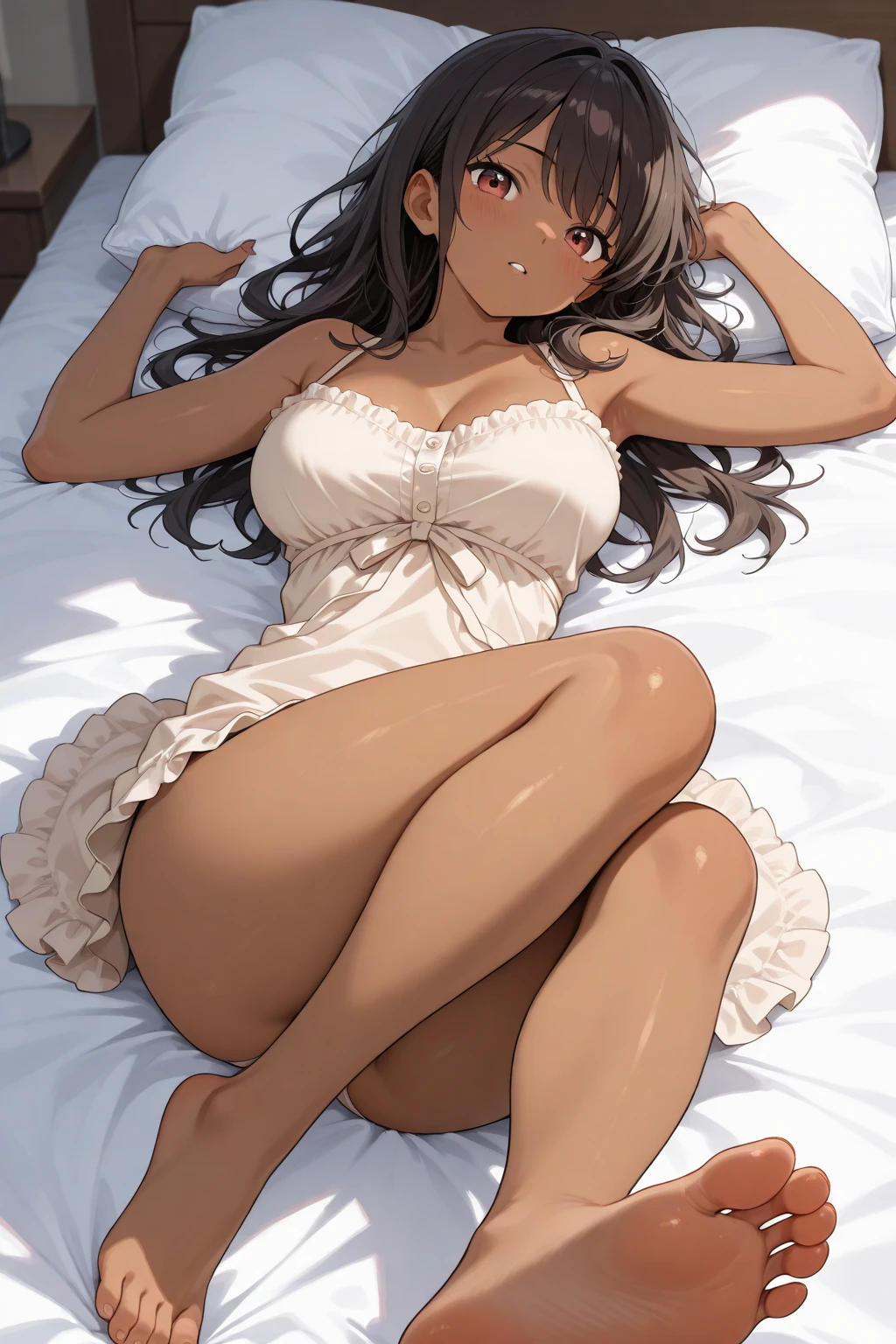 (1woman,solo,nsfw)、(簡素なマッサージベッドで寝ている女が一人、女は白色のビキニを着用:1.3,白いシーツ、簡素な部屋,マッサージ室)、(masterpiece,Best Quality,Detailed beautiful face and eyes:1.3,Perfect Anatomy:1.3,beautiful illustrations,best anime:1.3),shoot from adove,cowboy shot:1.3,膝から頭まで映っている、(女は18歳の美女,臍が露出している,camel toe)、gleaming skin:1.5,oliy skin:1.5,shiny skin)),brown hair、long hair ,blunt bangs,brown eyes,tear eul,orgasm:1.3,open mouth:1.3,drooling,perfect proportion,slender body,skinny:1.4,small breasts,(((gleaming skin:1.5,oliy skin:1.5,shiny skin))),lying、on back,(spread legs,:1.5),